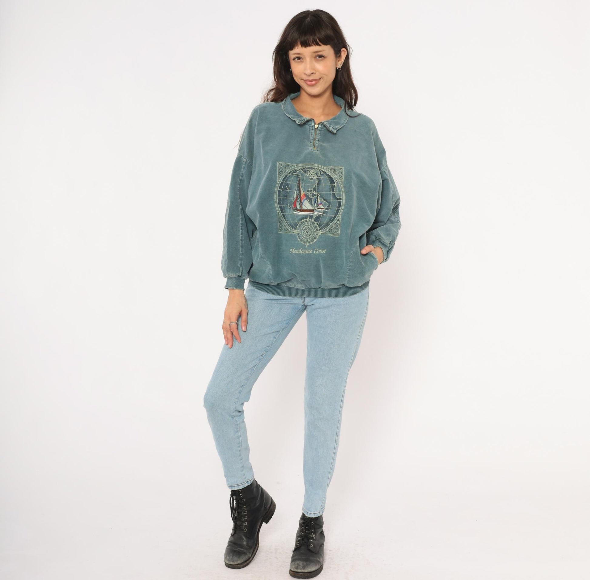 90s Sansegal Sportswear Mendocino Coast Sailboat Quarter-Zip Sweatshirt Grey Blue Medium