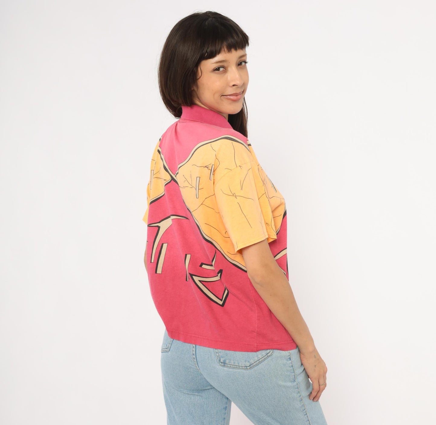 90s Ixspa Abstract Polo Pink Orange Cotton Geometric Graphic Medium