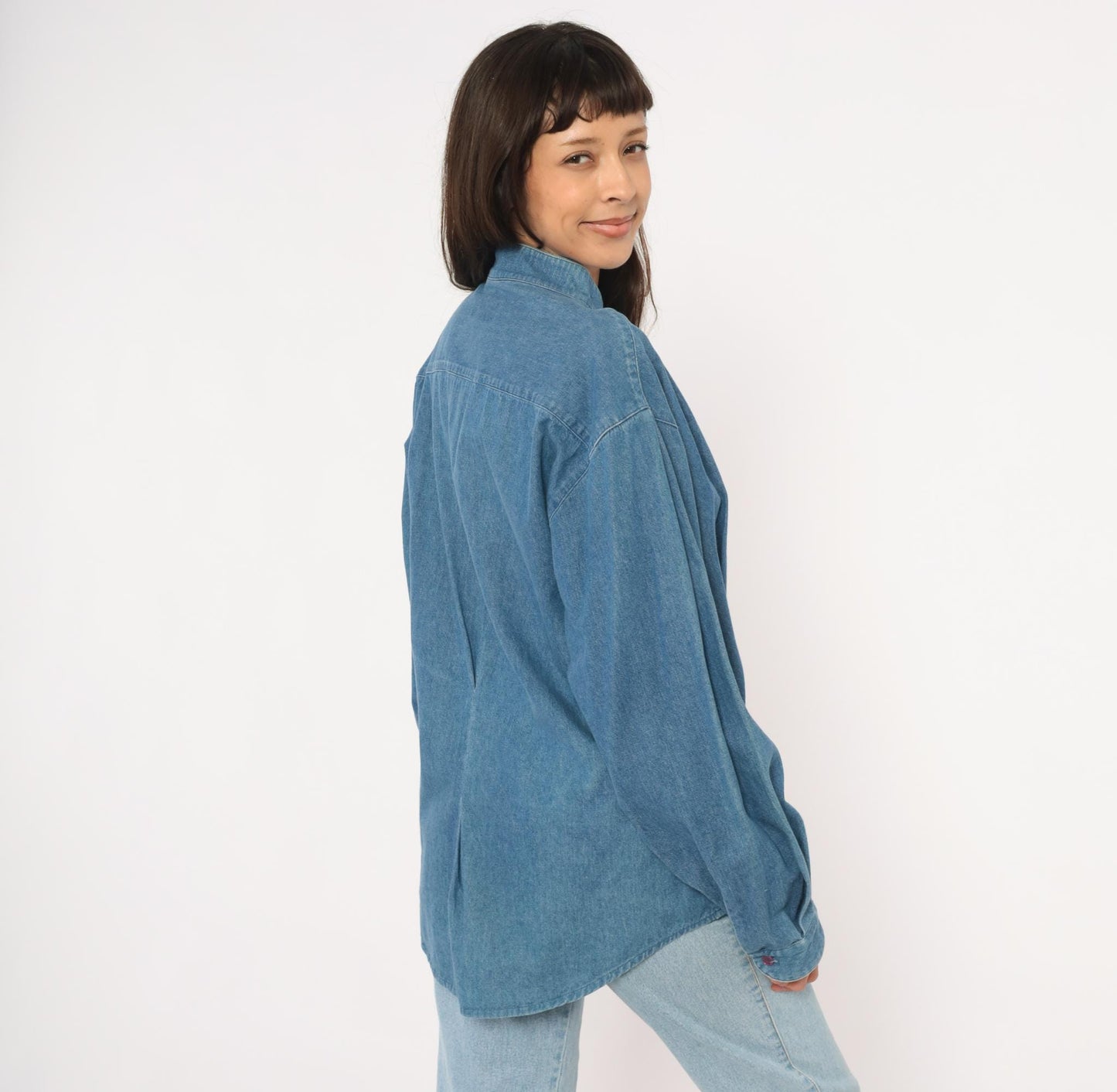 90s International Male Denim Shirt Mandarin Collar Button Front Blue Chambray Large L