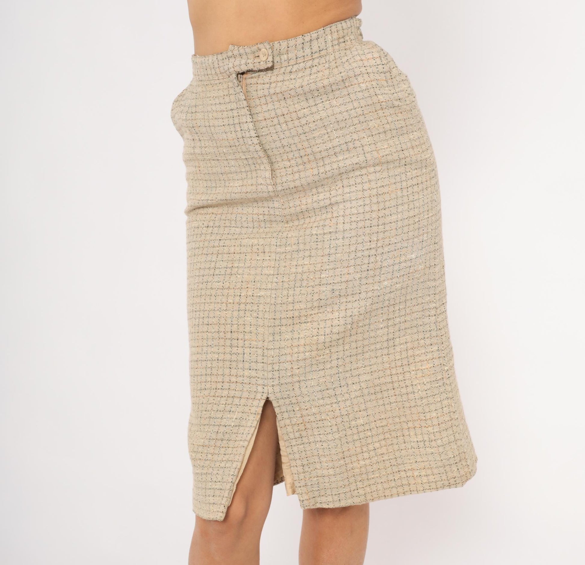 70s John Meyer Tweed Pencil Skirt Tan Houndstooth Check Knee Length Wool Small