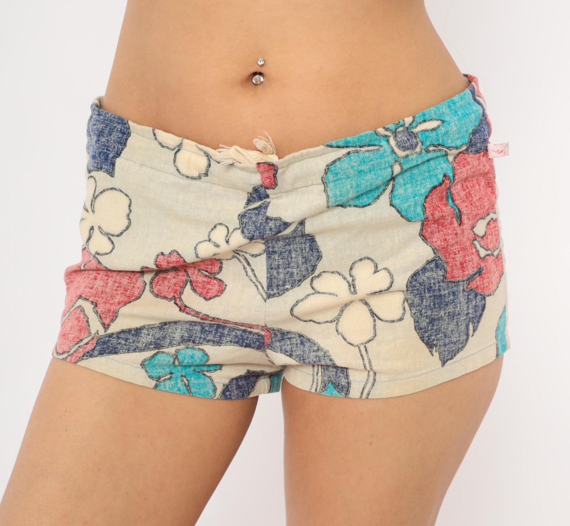 80s Jantzen Floral Drawstring Shorts Cotton Low Rise Mini Coral Turquoise Small