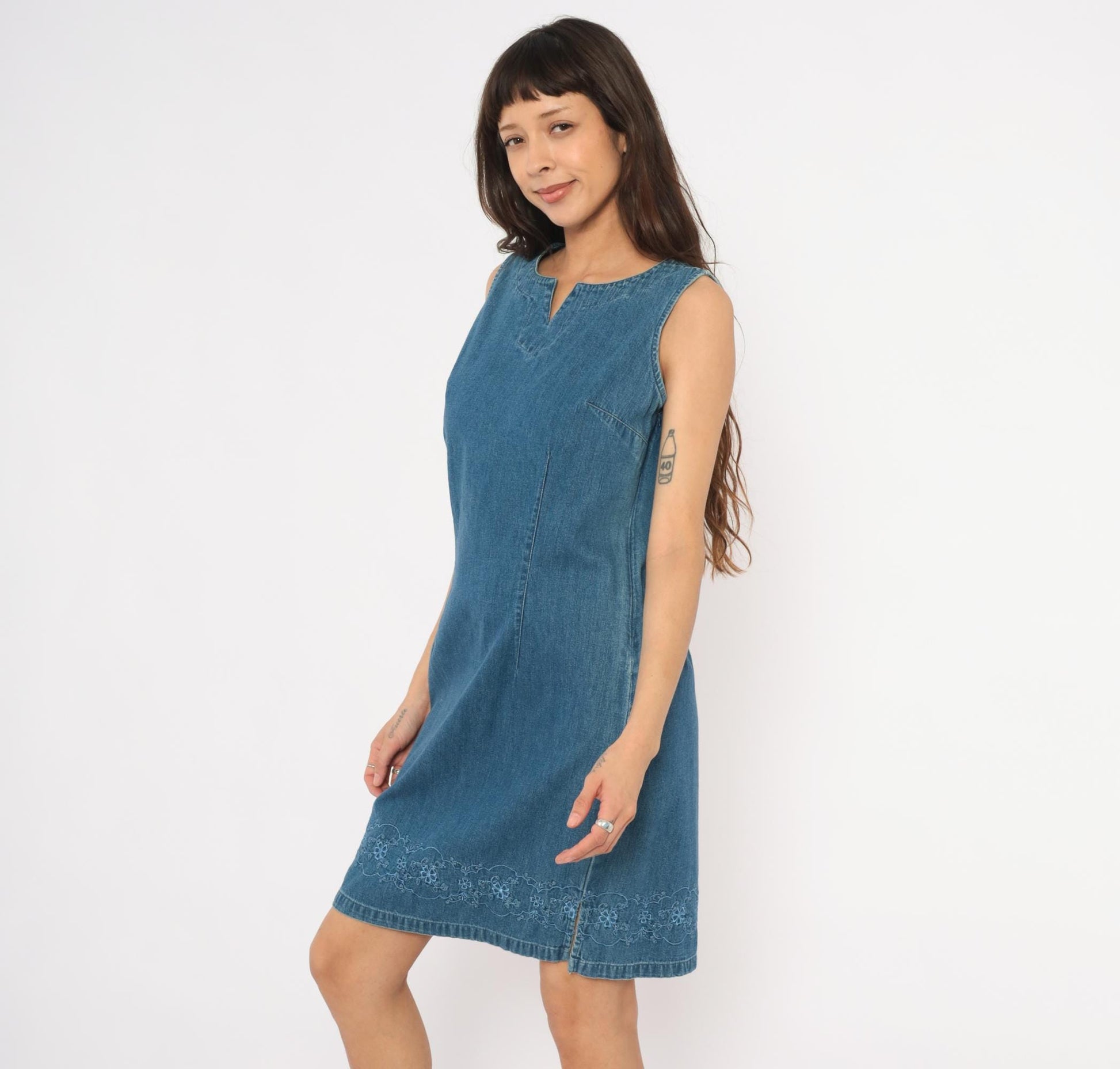 90s Cherokee Denim Shift Dress Embroidered Floral Hem Notch Neck Blue Small S