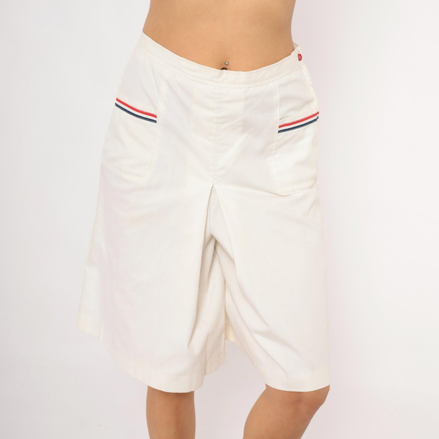 70s White Pleated Culottes Red Navy Stripe Trim Cotton Preppy Medium M