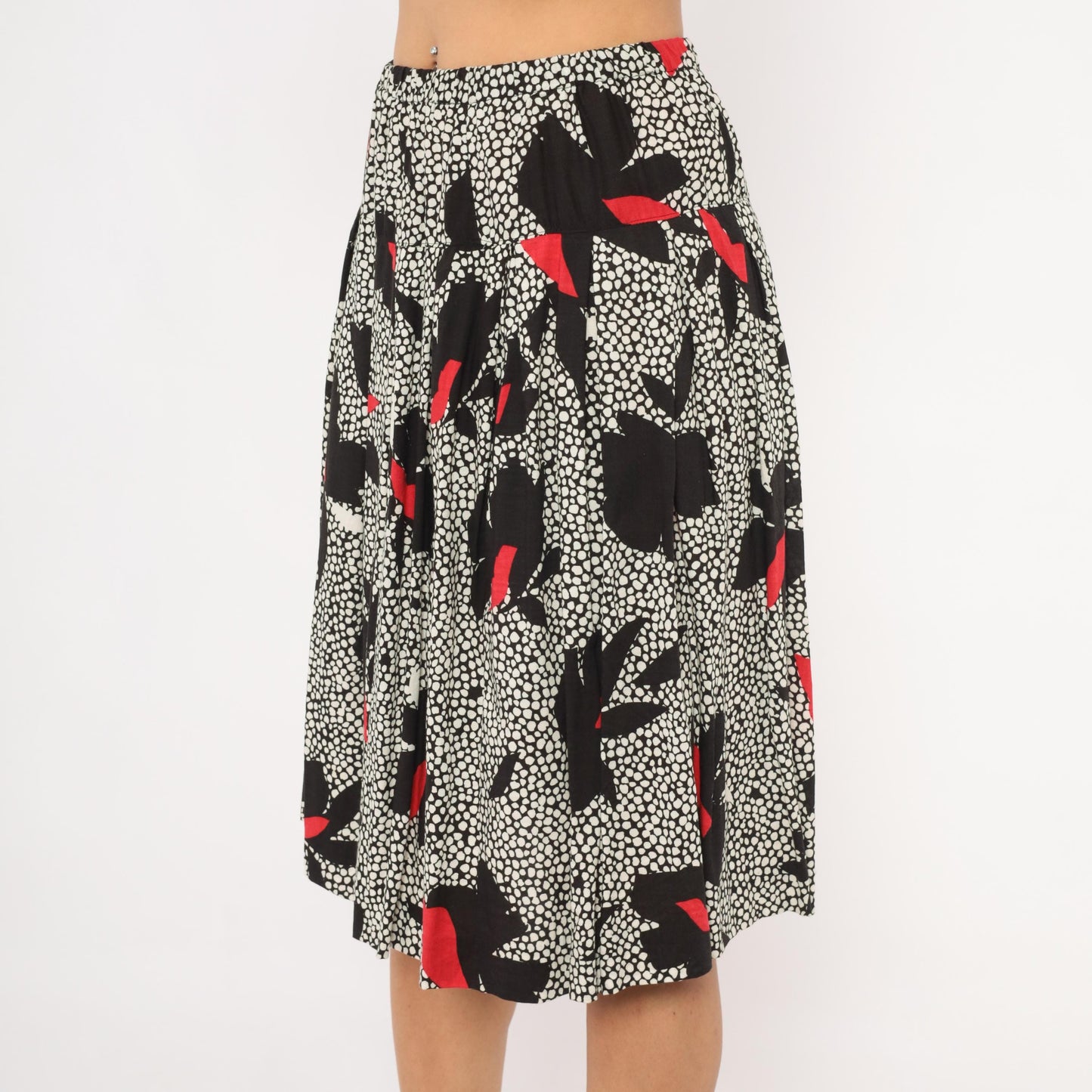 90s Jon Woods Midi Skirt Black White Floral Red Abstract Dotted Medium M