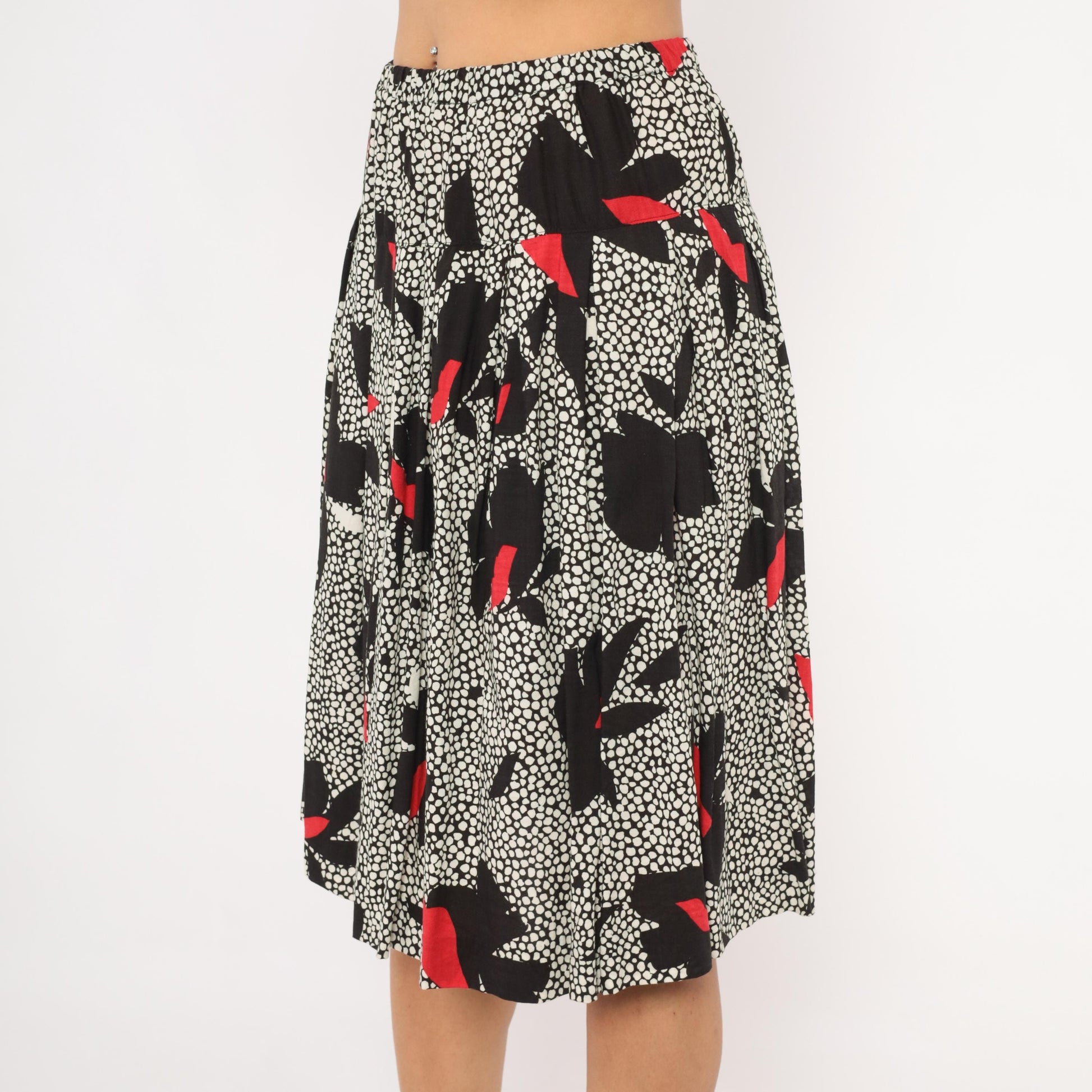 90s Jon Woods Midi Skirt Black White Floral Red Abstract Dotted Medium M