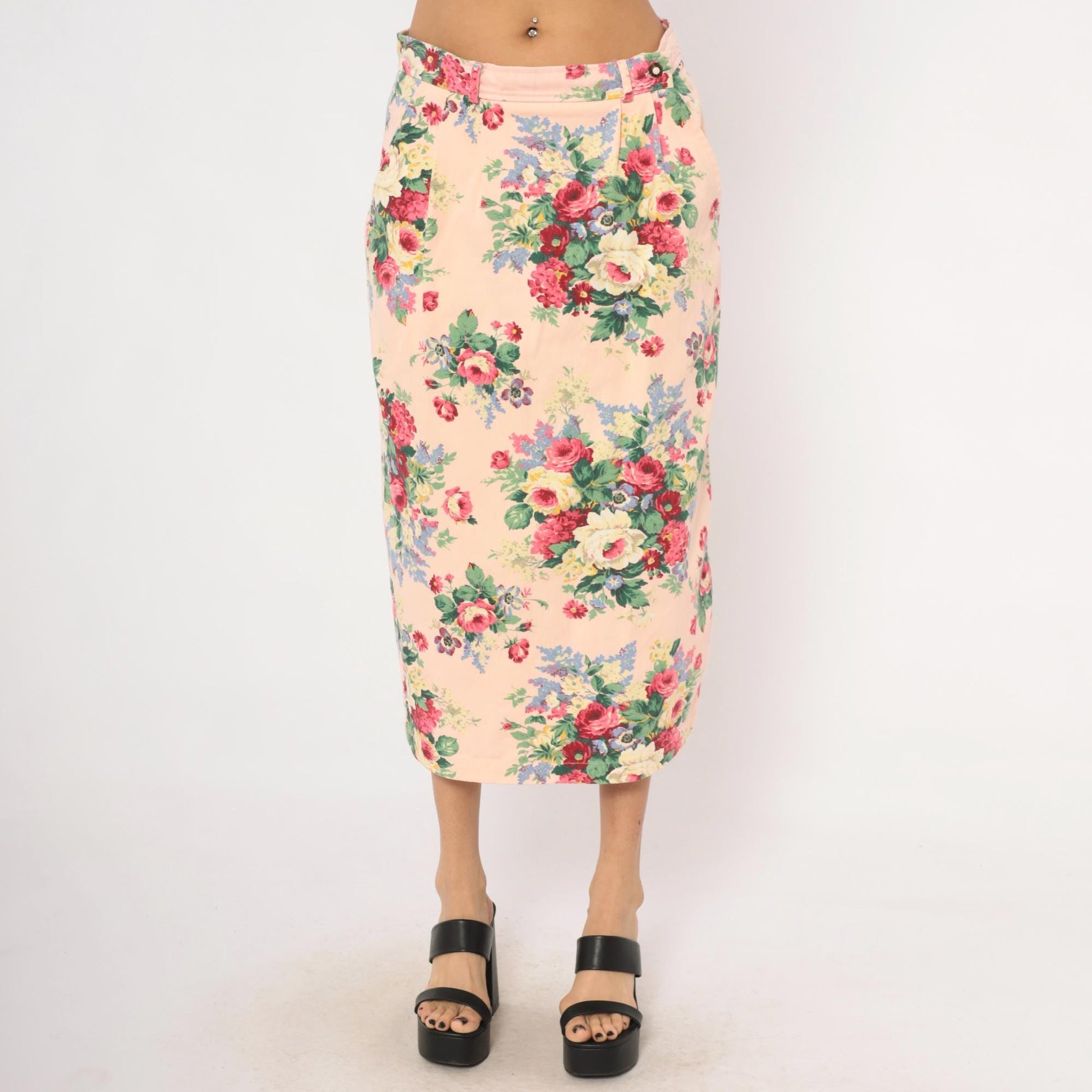 90s On The Verge Floral Midi Pencil Skirt Pink Cotton Large L
