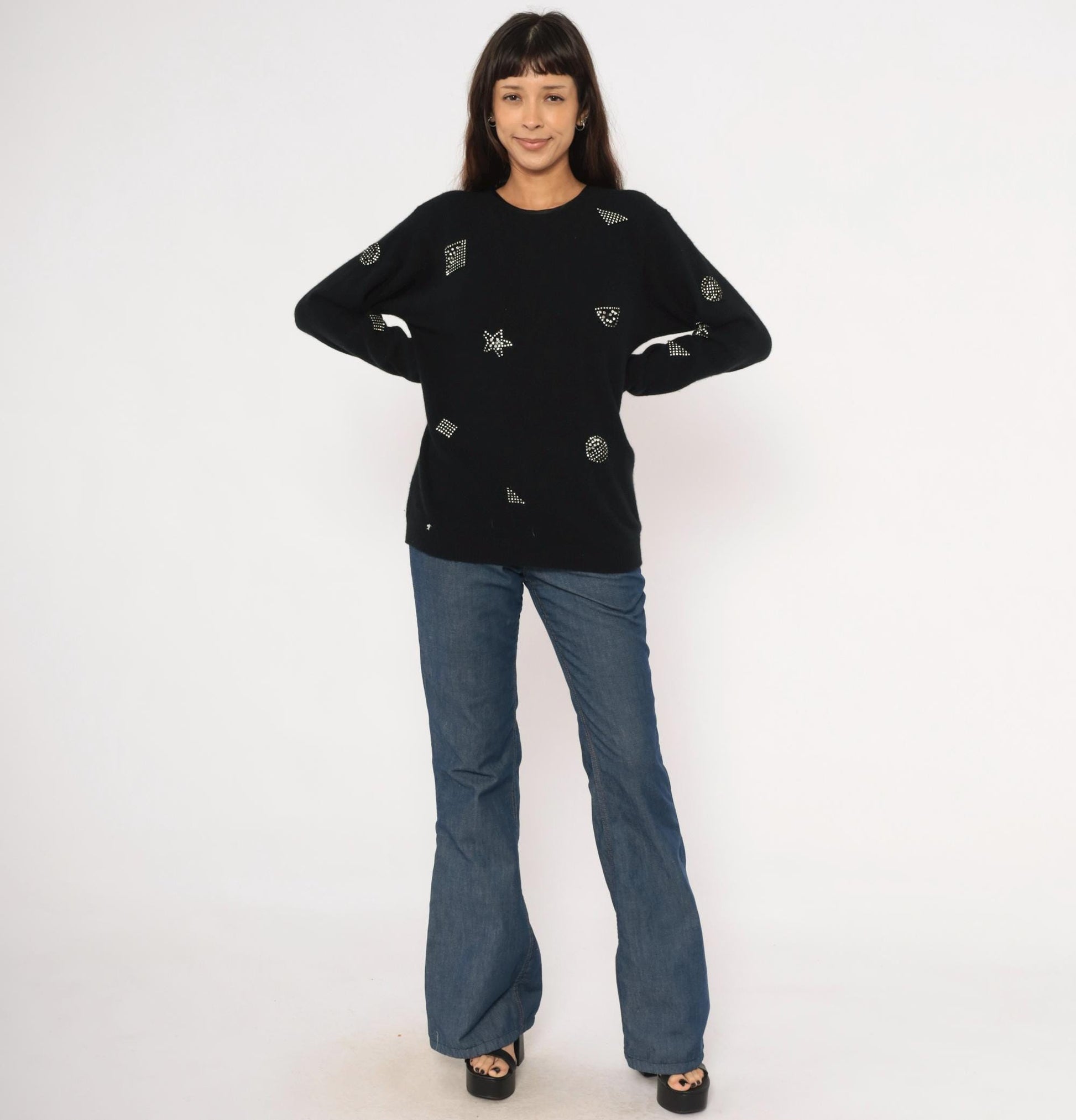 80s Adrienne Vittadini Rhinestone Studded Wool Angora Crewneck Pullover Black Medium