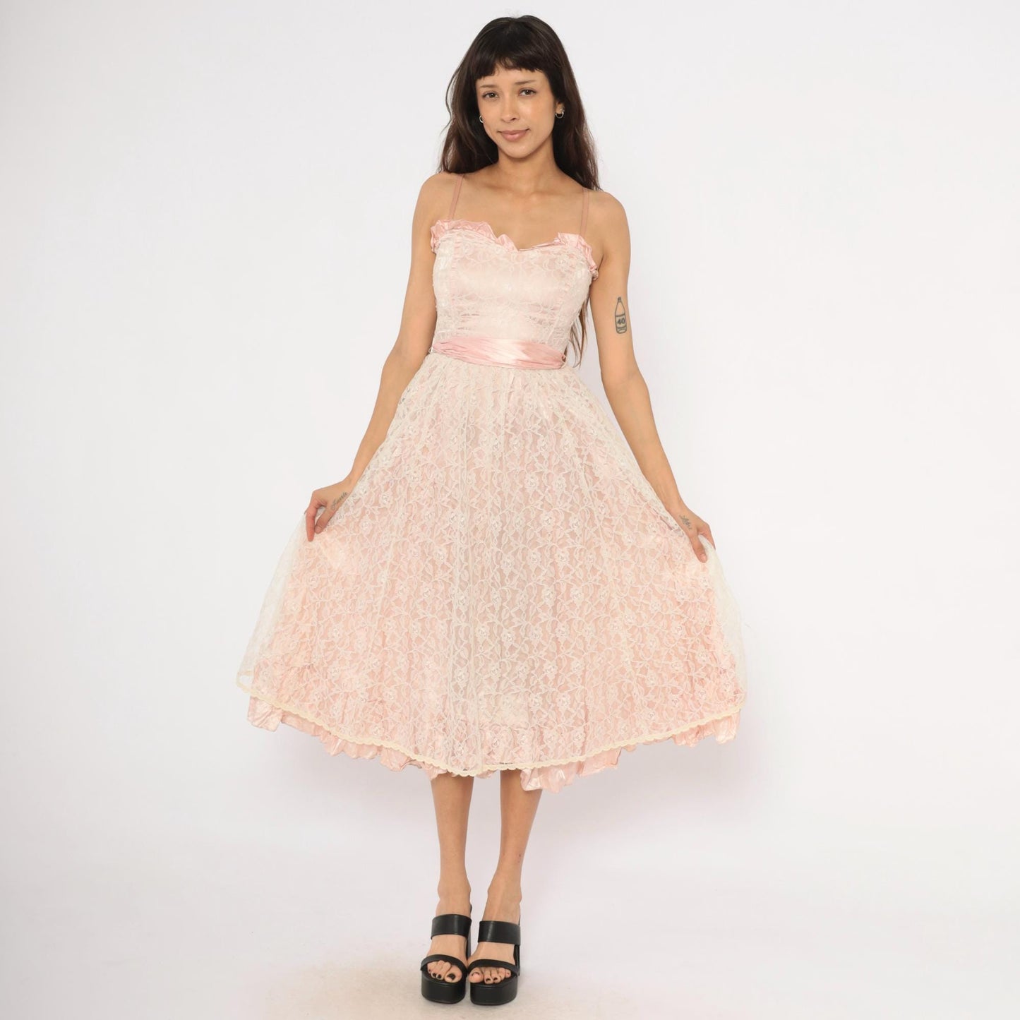 60s Blush Pink Lace Midi Dress Sweetheart Neckline Satin Bow Back Extra Small XS