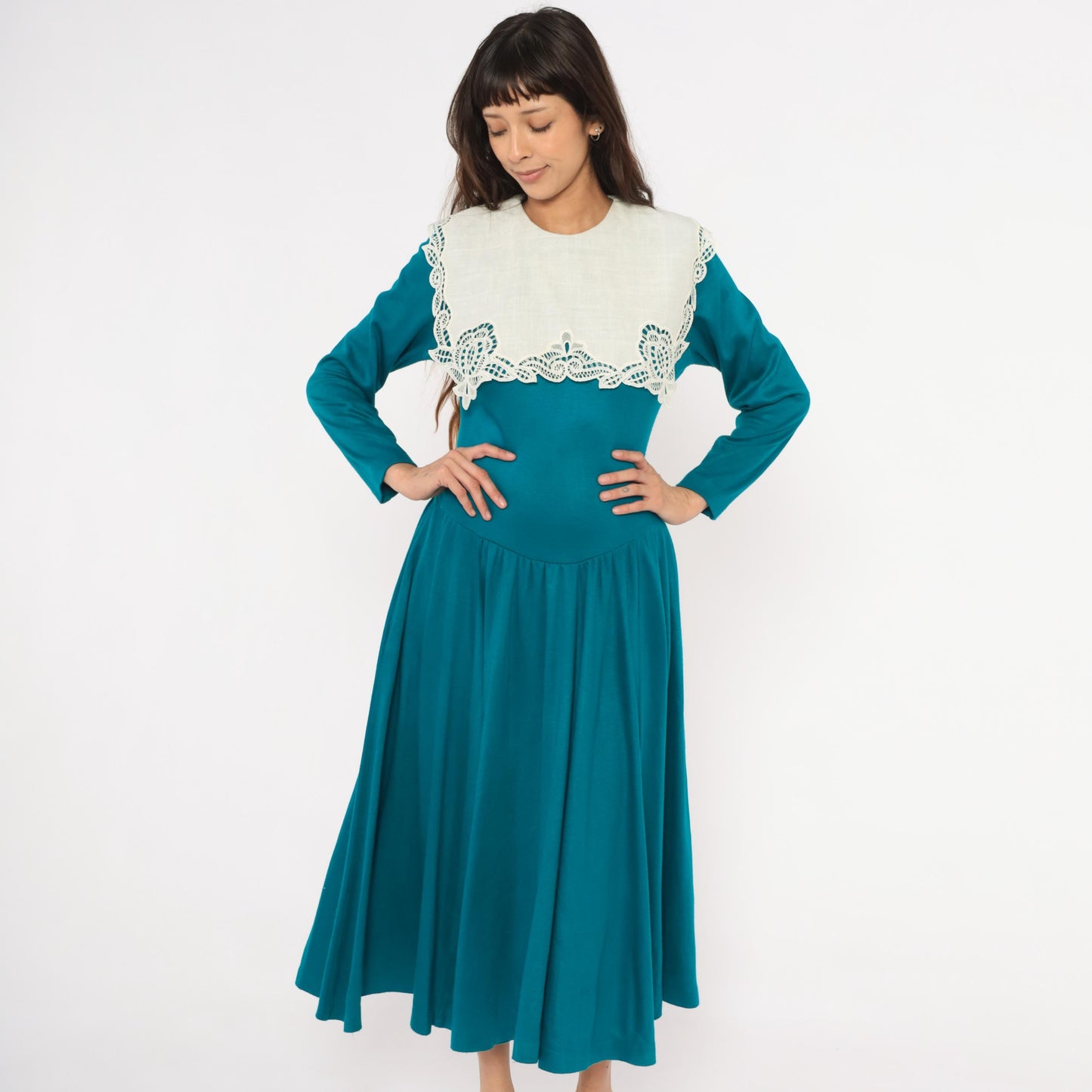80s Expo Teal Midi Dress Cream Scalloped Lace Collar Small Medium