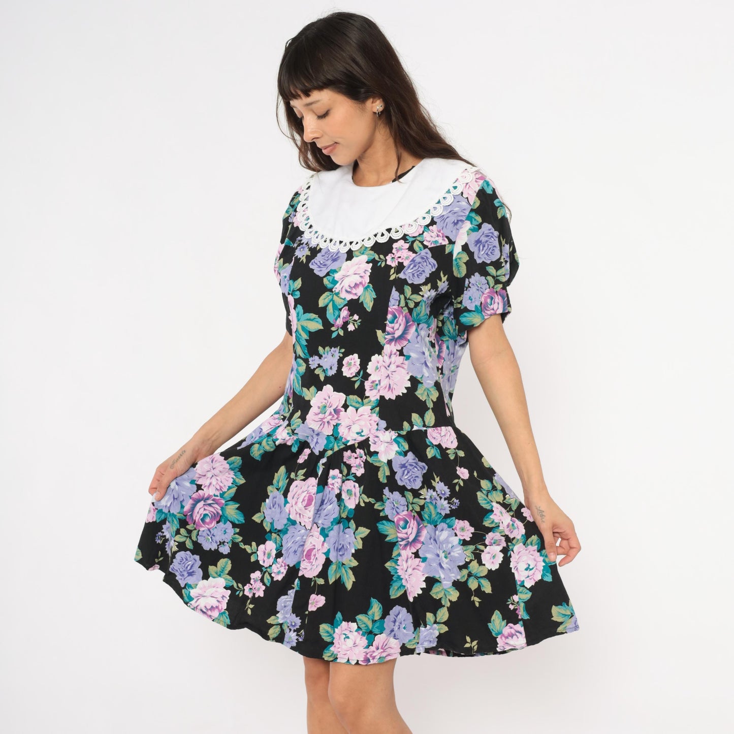 90s Ms. Basia California Floral Drop Waist Dress Black Rose Print Knee Length Large