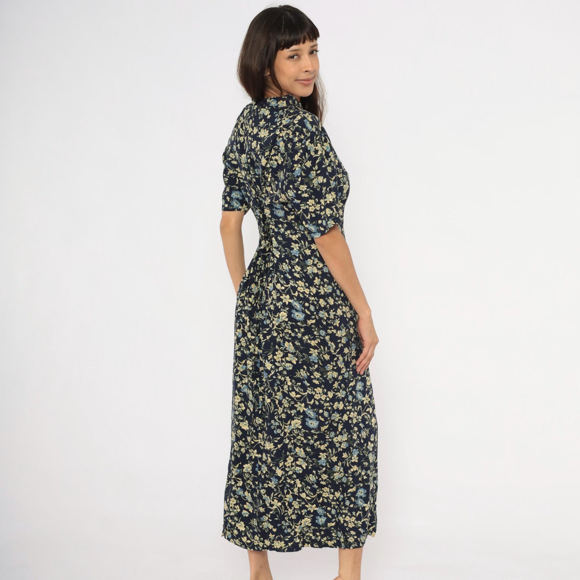 90s Express Navy Floral Maxi Dress Mandarin Collar Button Front Medium M