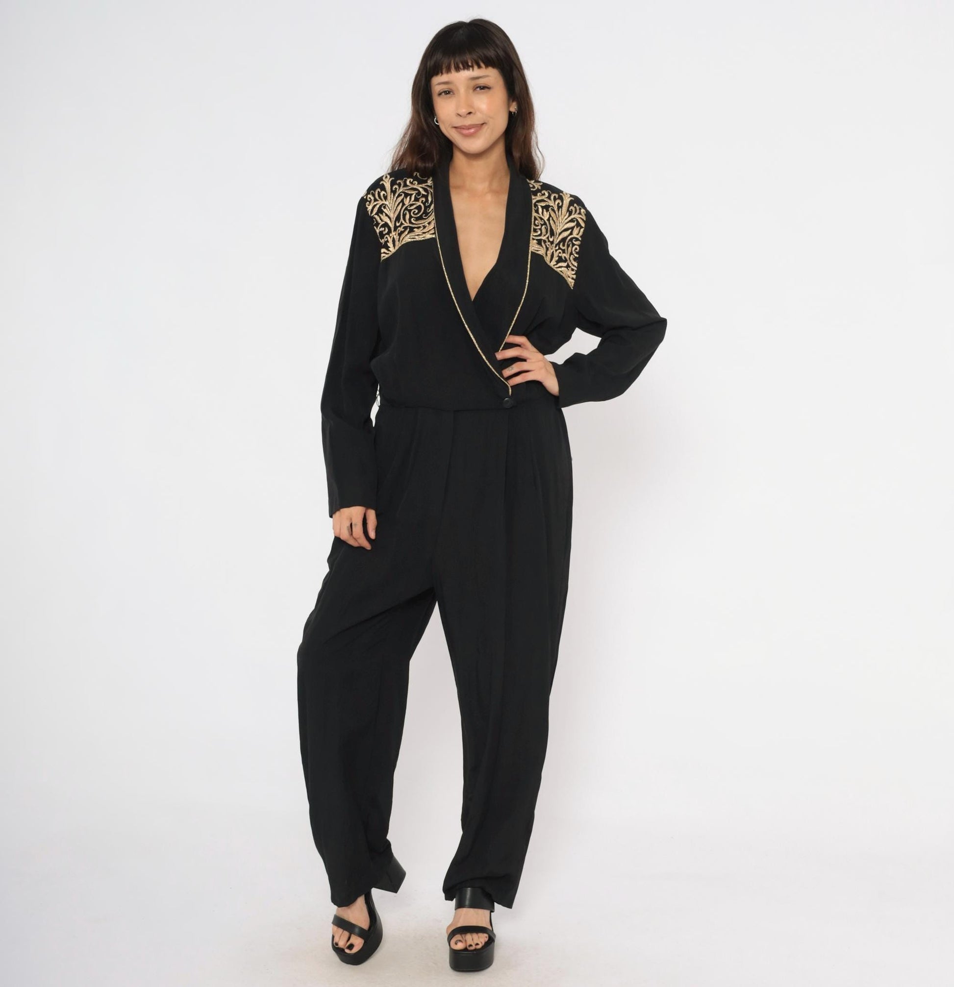 80s John Roberts Black Jumpsuit Gold Embroidered Shawl Collar Wide Leg Large L