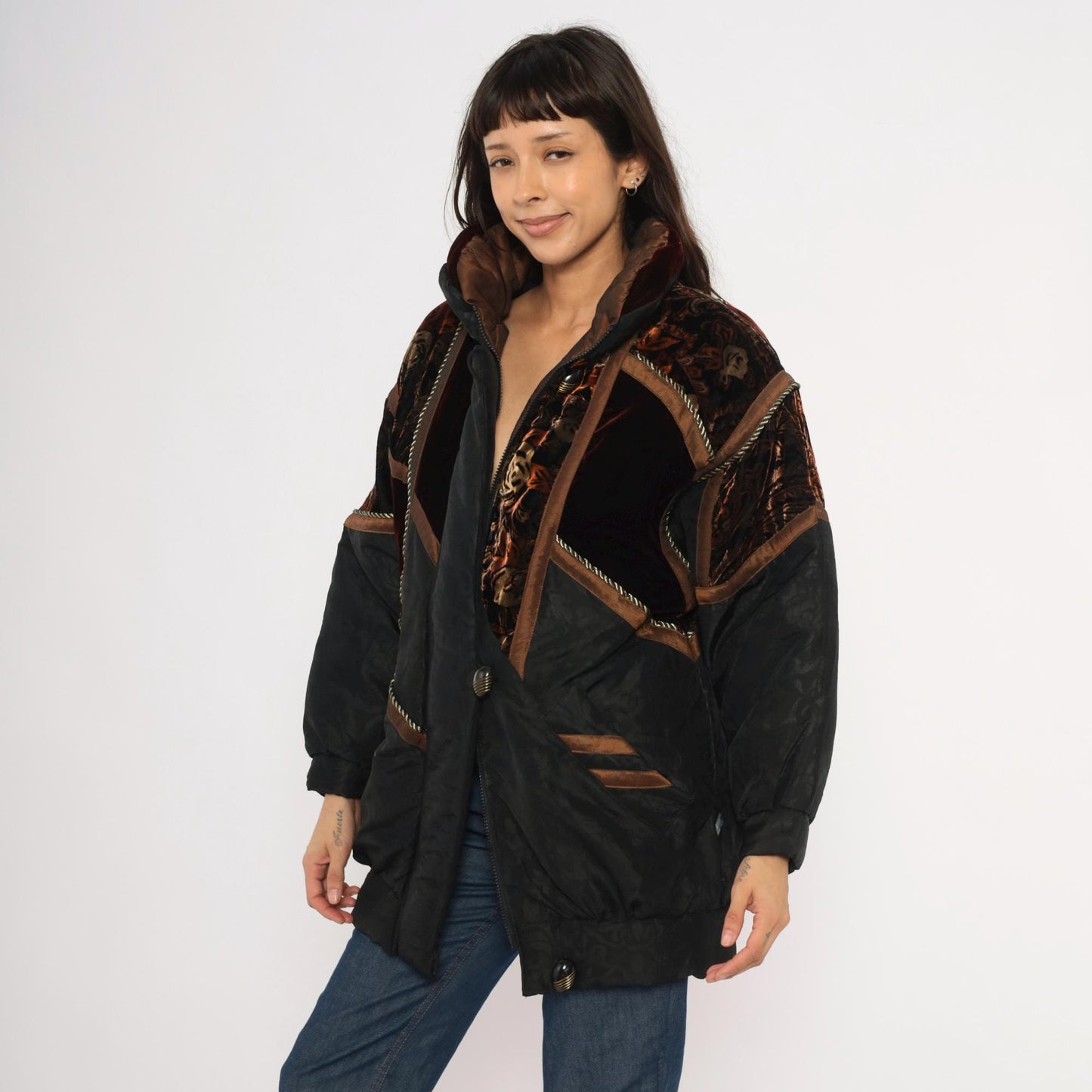 90s Frozen Dreams Velvet Patchwork Puffer Jacket Black Burgundy Extra Small