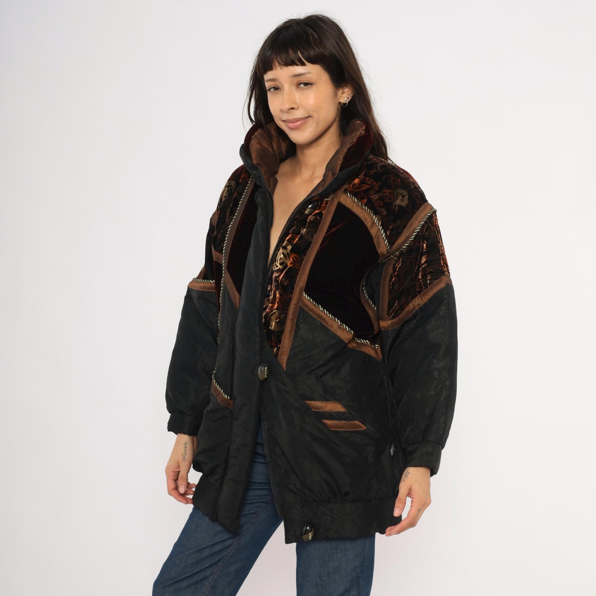 90s Frozen Dreams Velvet Patchwork Puffer Jacket Black Burgundy Extra Small