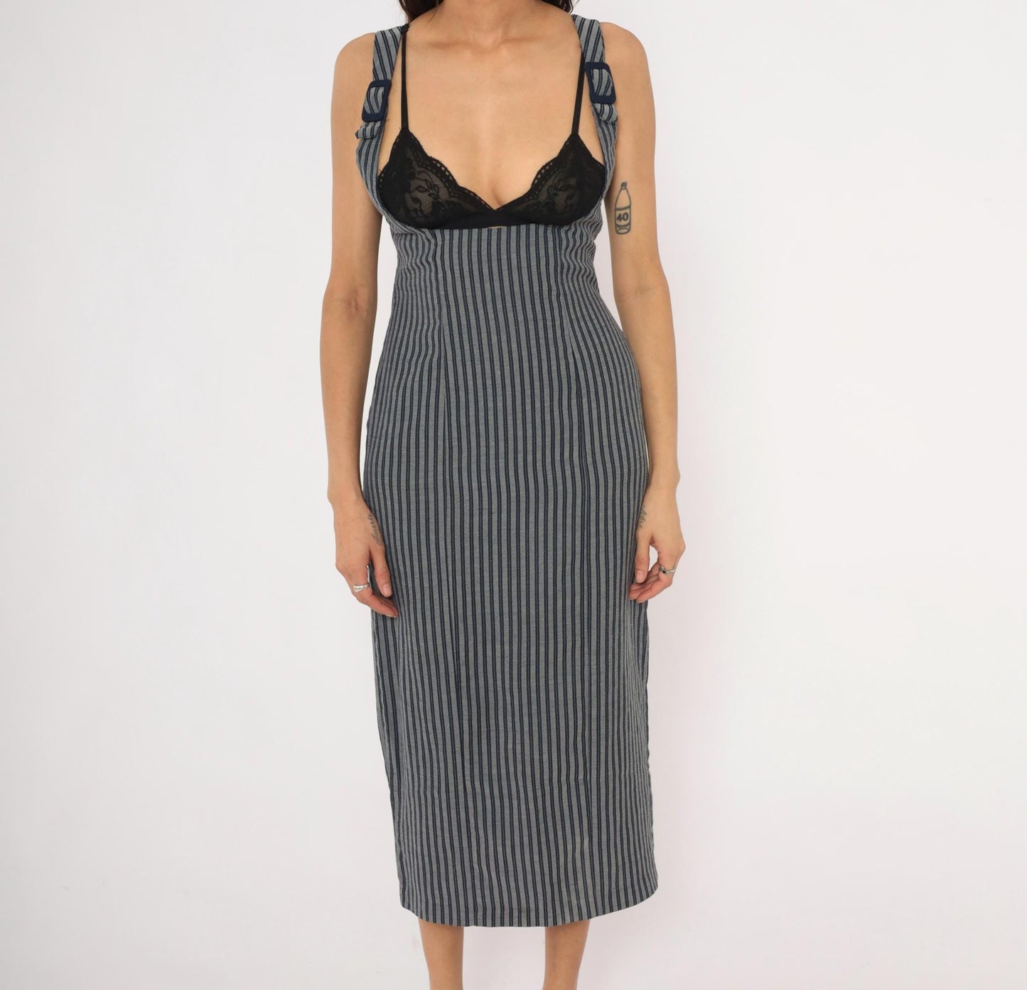 90s Rampage Navy Grey Pinstripe Midi Dress Fitted Sleeveless Small S