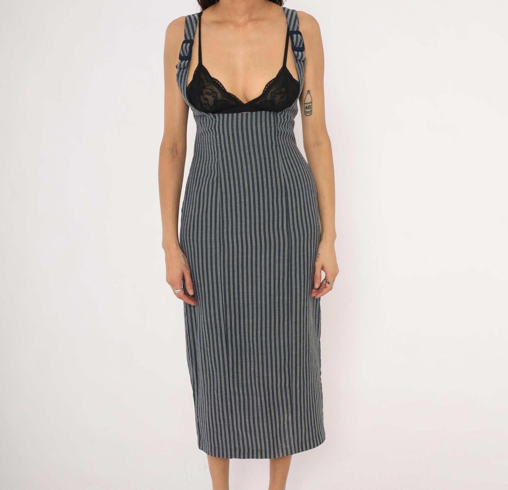 90s Rampage Navy Grey Pinstripe Midi Dress Fitted Sleeveless Small S