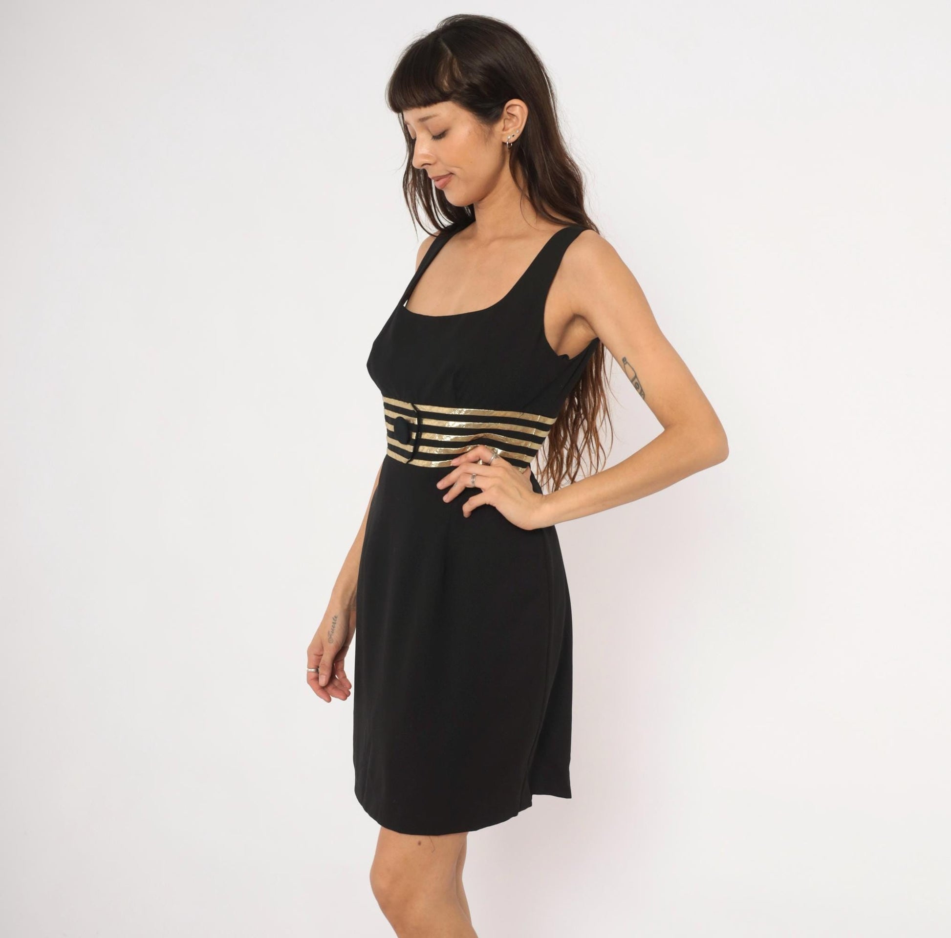 90s Datiani Black Mini Dress Gold Striped Waistband Sleeveless Medium M