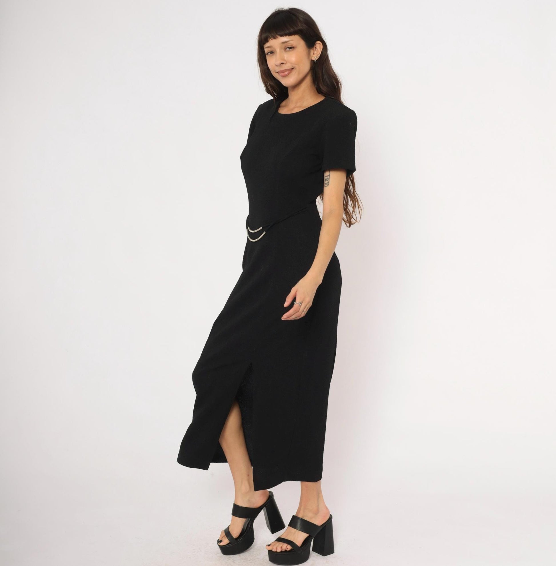 90s Scarlett Black Maxi Dress Silver Metal Waist Accents Short Sleeve Small