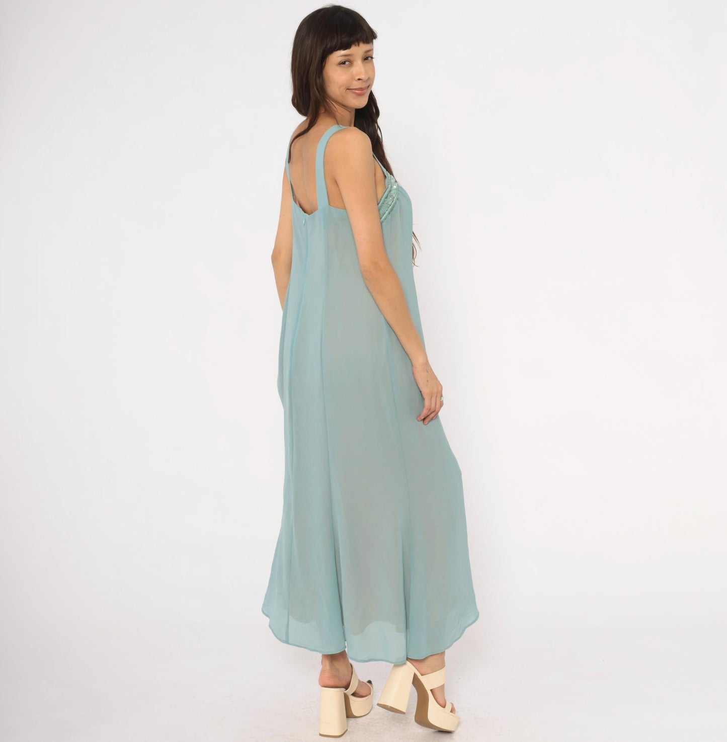 80s Ursula Ice Blue Maxi Dress Beaded Chiffon Empire Waist Small