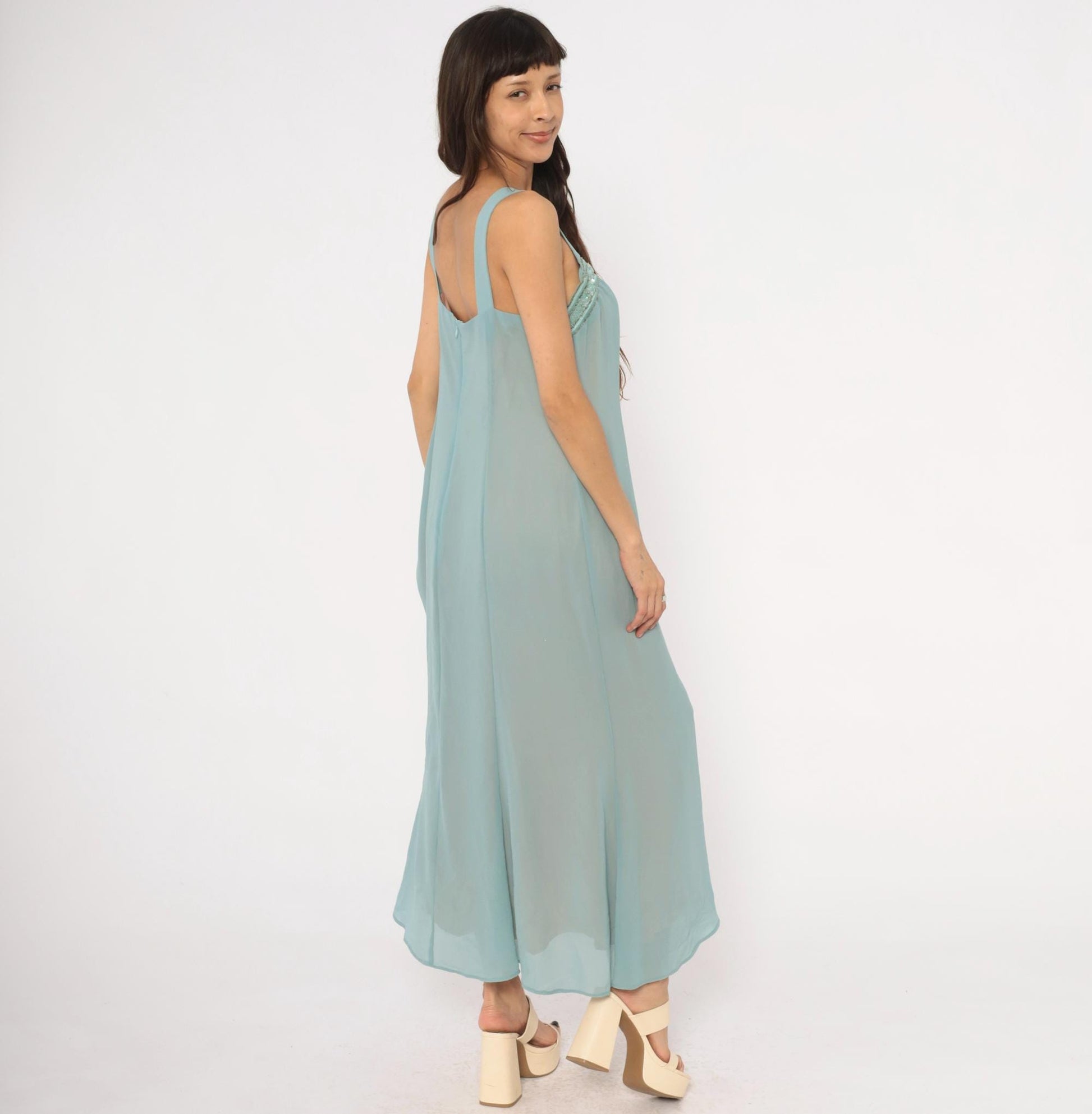 80s Ursula Ice Blue Maxi Dress Beaded Chiffon Empire Waist Small