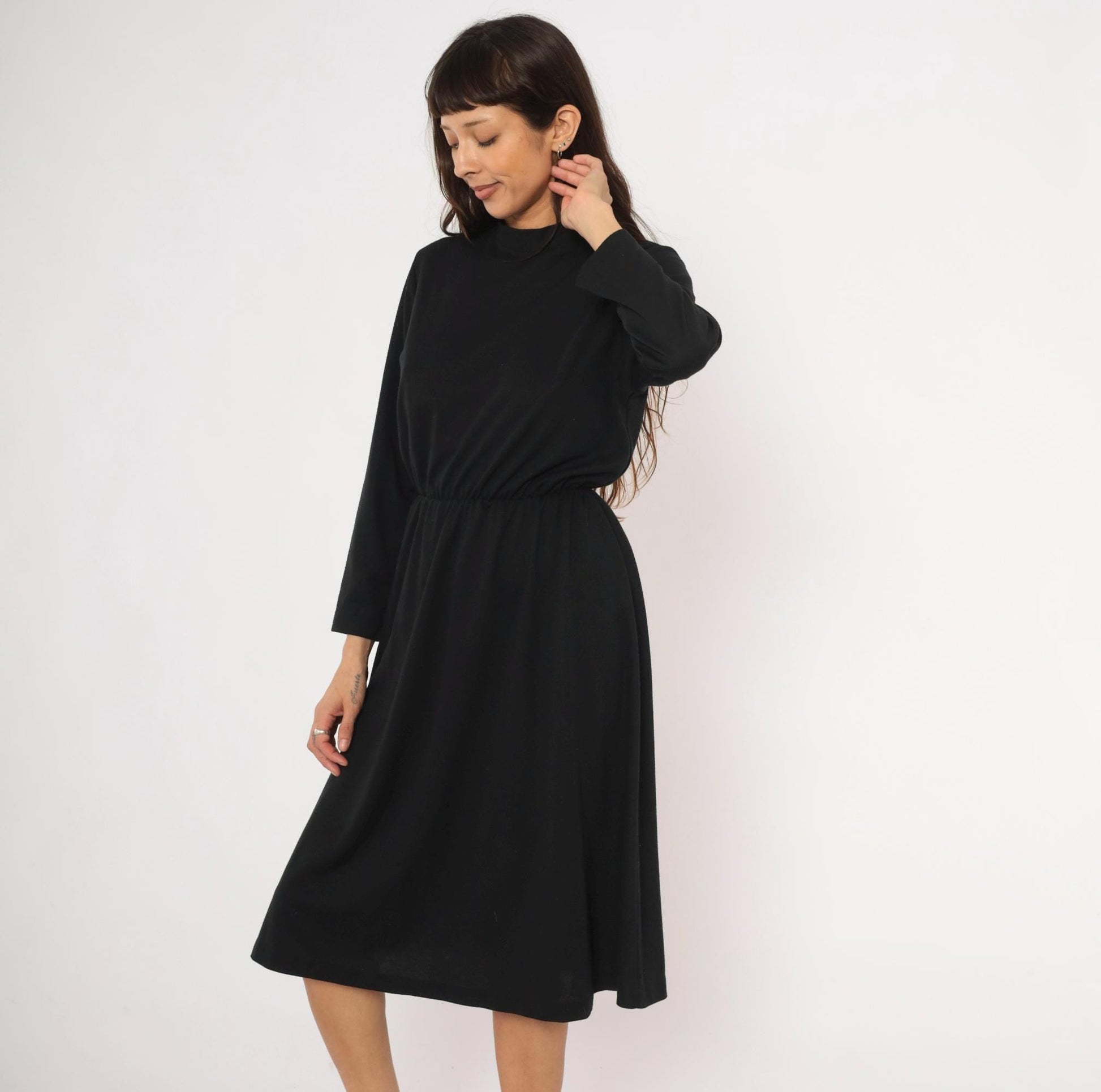 80s Philippe Marcel Black Mock Neck Dress Gathered Knee-Length Small Medium
