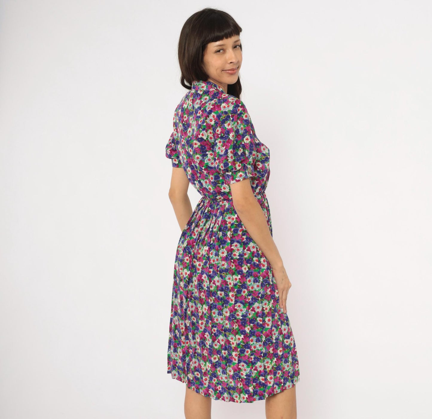 80s Winning Ticket Floral Shirtdress Purple Garden Print Puff Sleeve Small