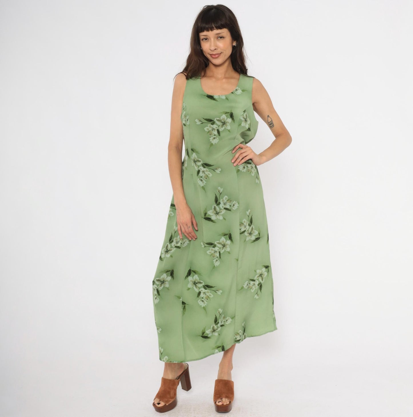 90s Fashion Bug Sage Green Floral Maxi Dress Sleeveless A-Line Large L