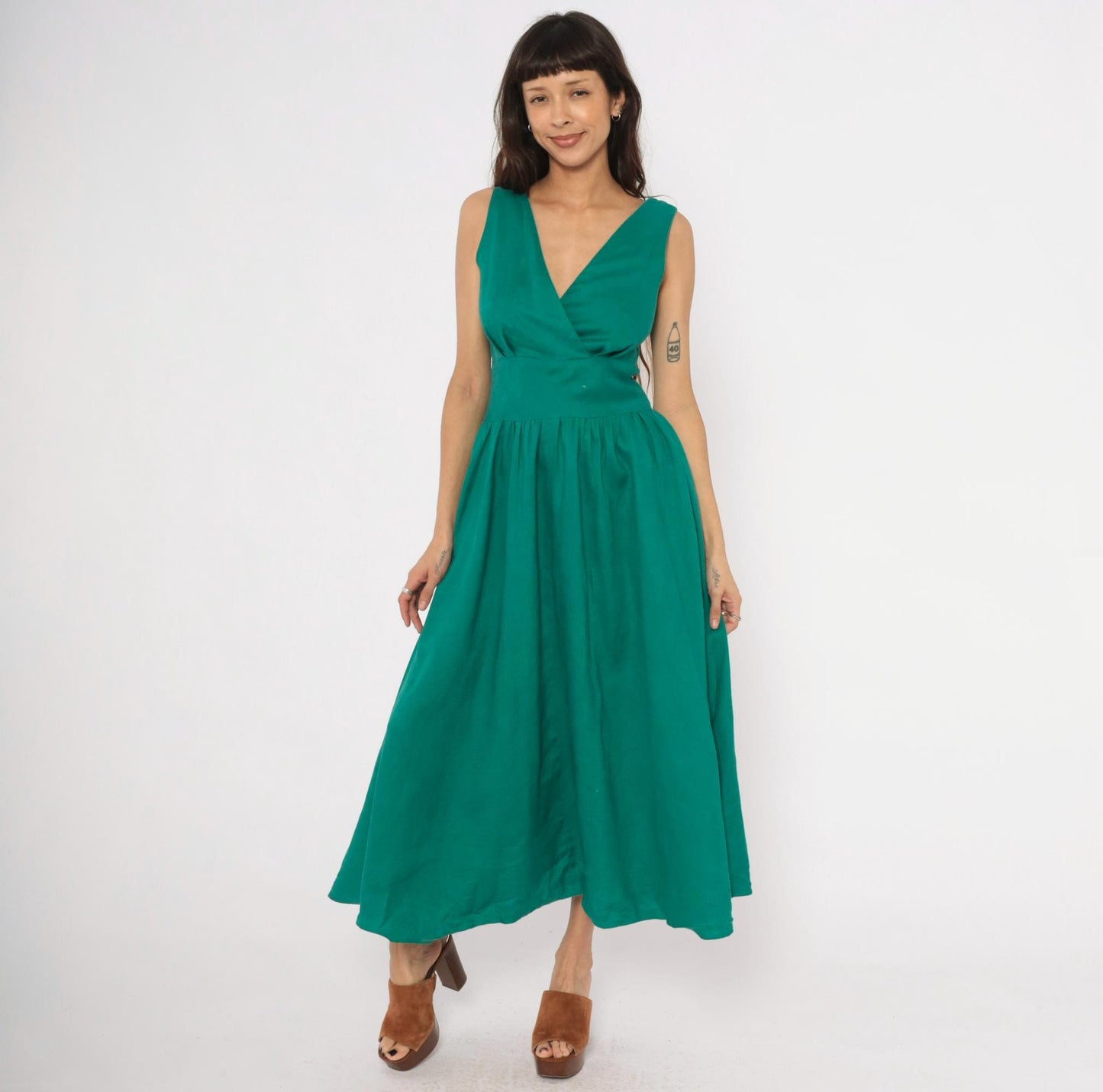 80s Kenar 2 Teal Linen Midi Dress Surplice V-Neck Sleeveless Small S