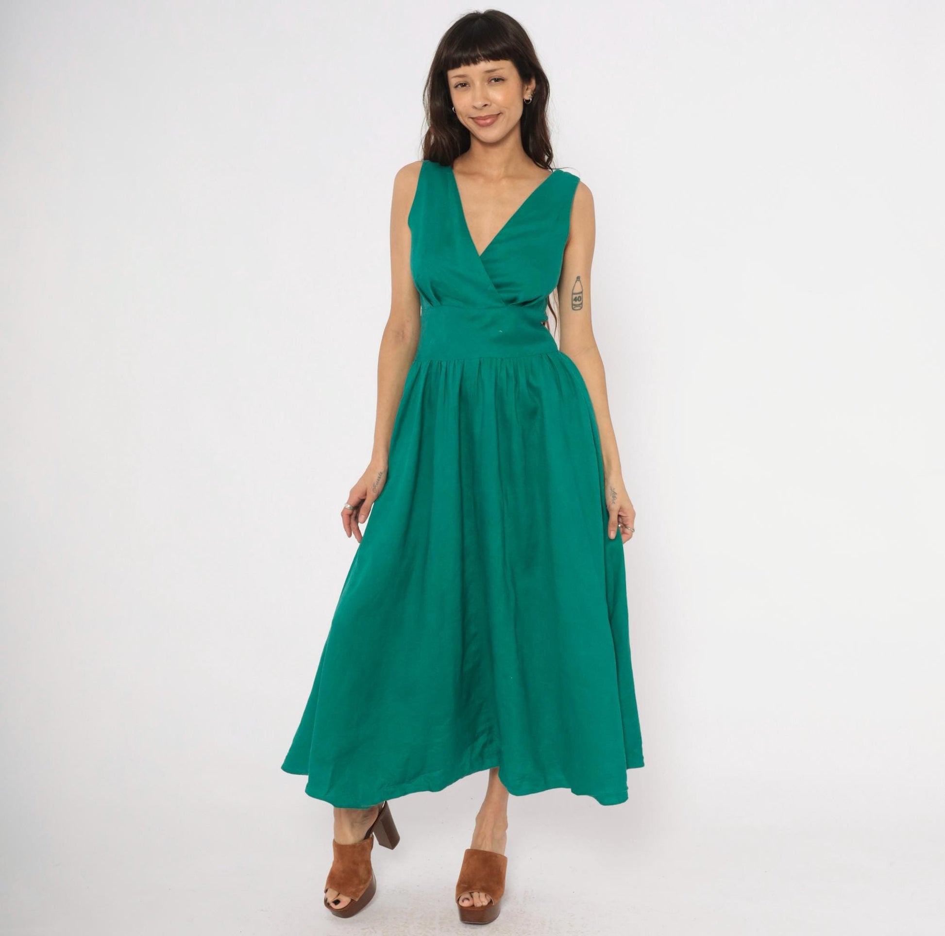 80s Kenar 2 Teal Linen Midi Dress Surplice V-Neck Sleeveless Small S