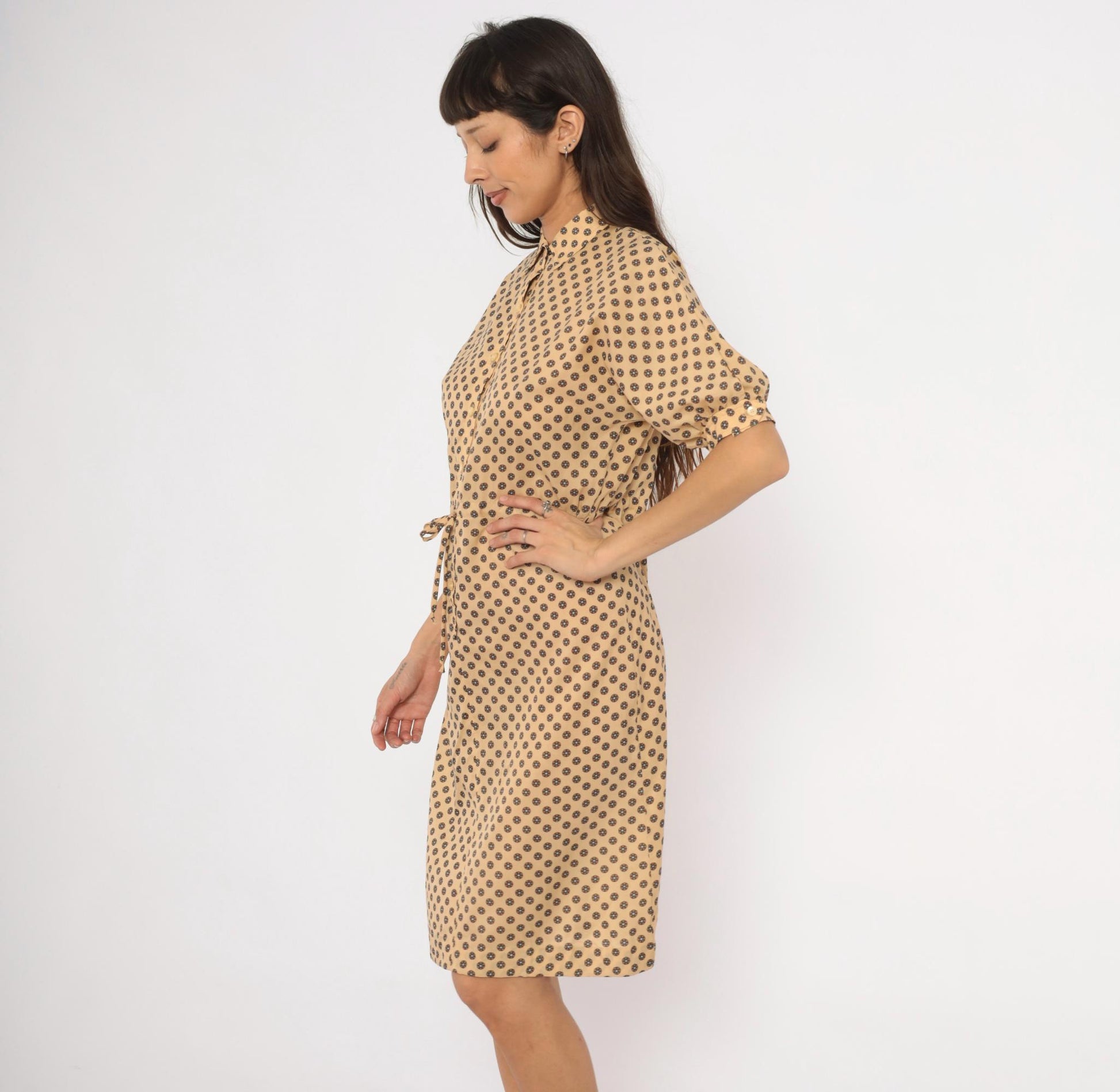 80s Kevin Stuart Petites Medallion Floral Shirtdress Tan Medium M