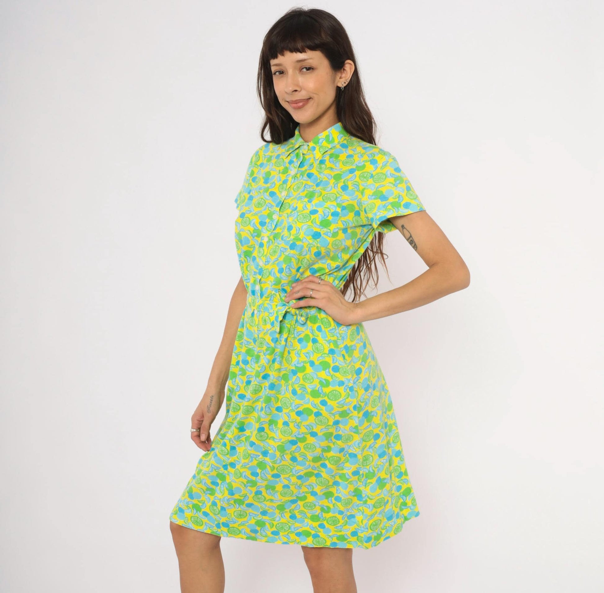 The Lilly Citrus Print Shirtdress Yellow Green Blue Knee-Length Cotton Medium