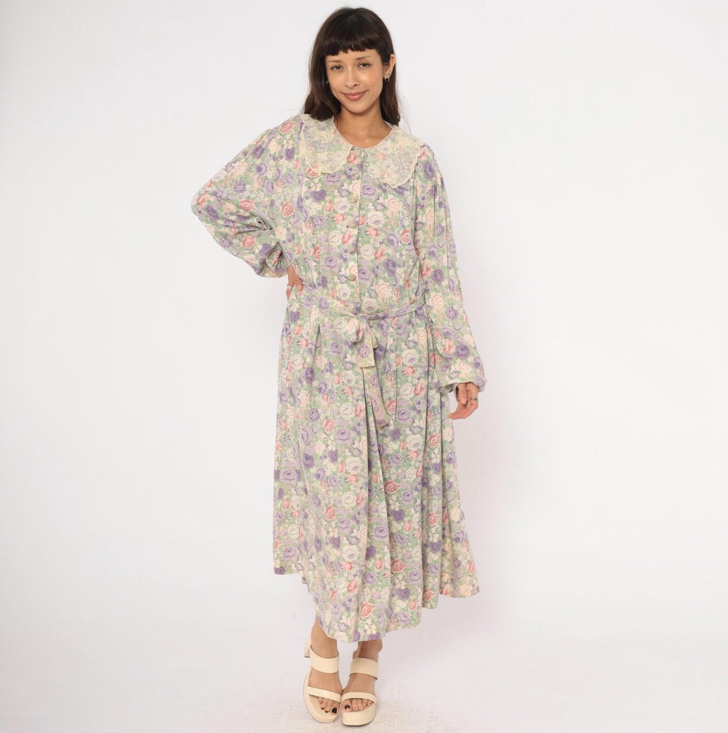90s J Jill Floral Maxi Dress Lace Peter Pan Collar Plus Size XXL