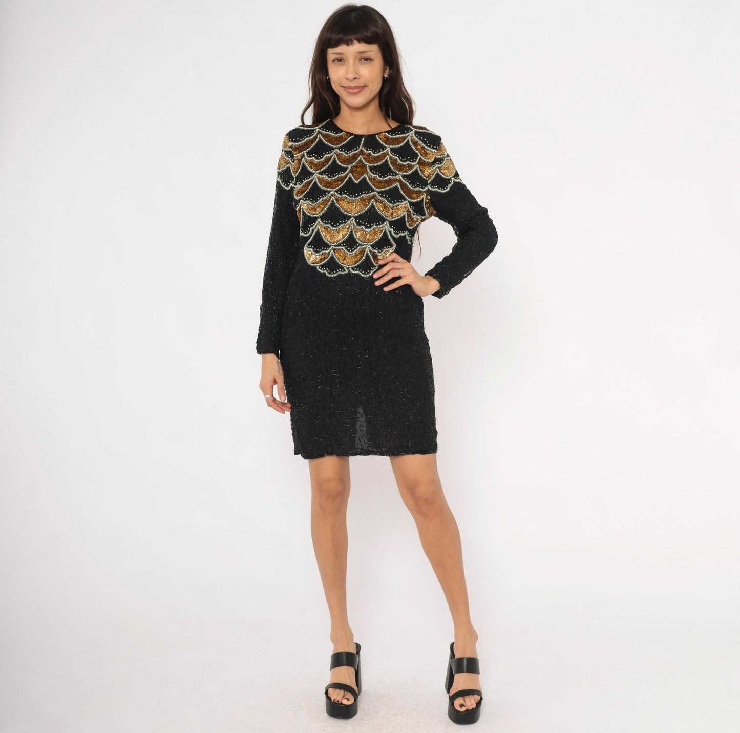 90s Carina Black Silk Mini Dress Gold Sequin Scallop Beaded Art Deco Large Petite
