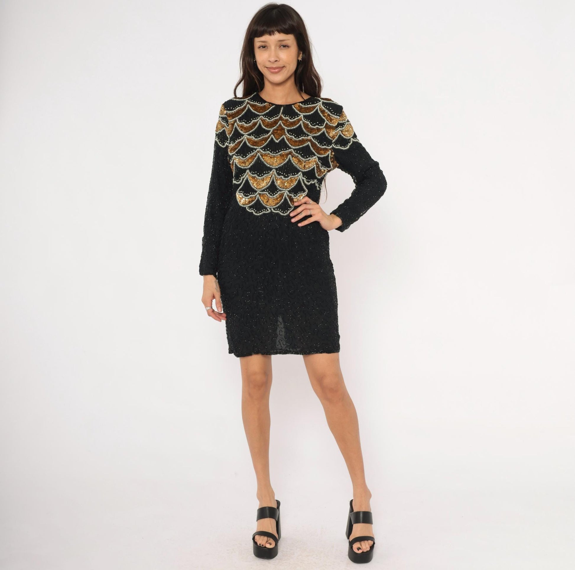 90s Carina Black Silk Mini Dress Gold Sequin Scallop Beaded Art Deco Large Petite