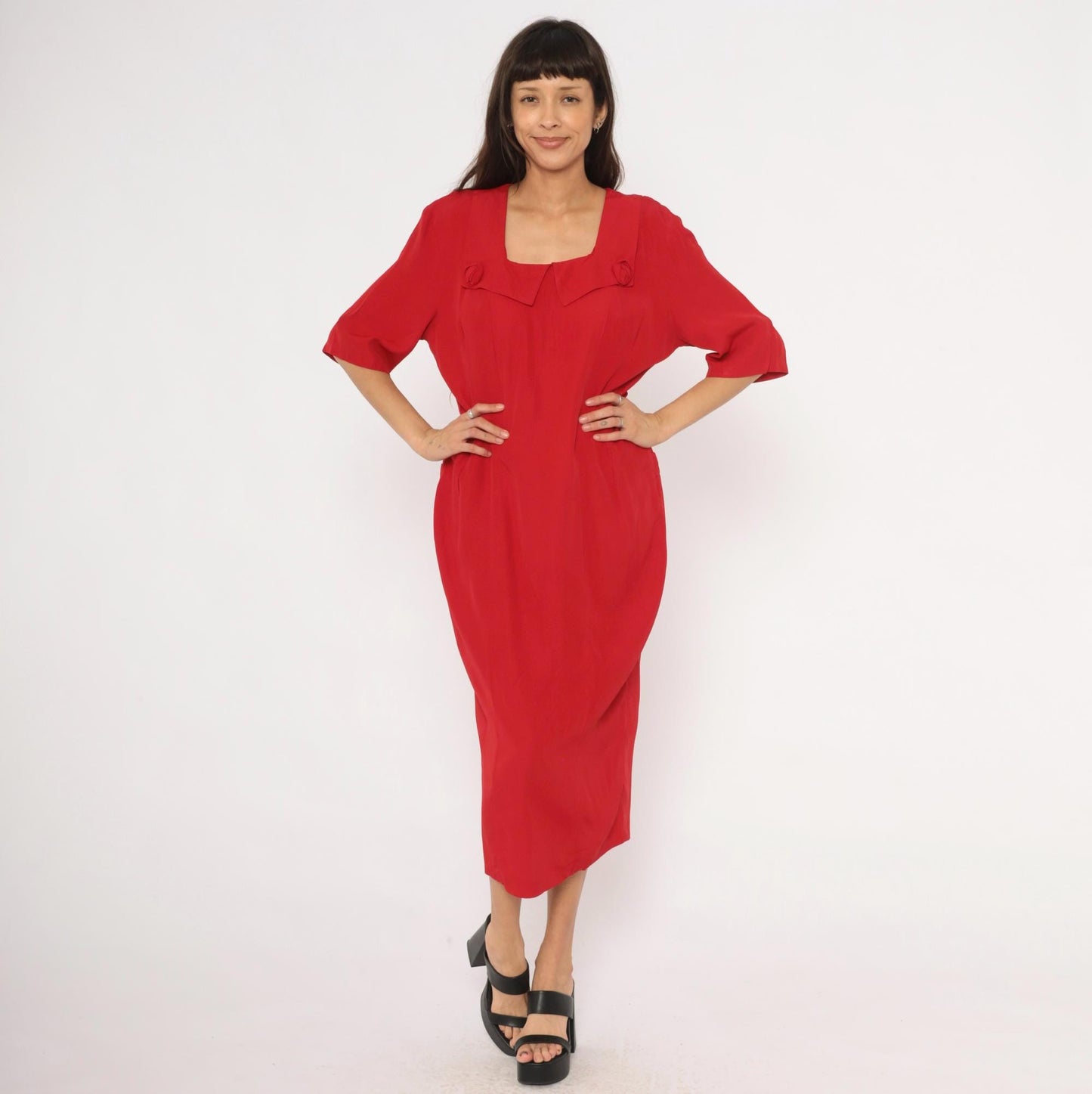 90s Atina Crimson Midi Dress Square Neckline Rosette Half Sleeve Large L