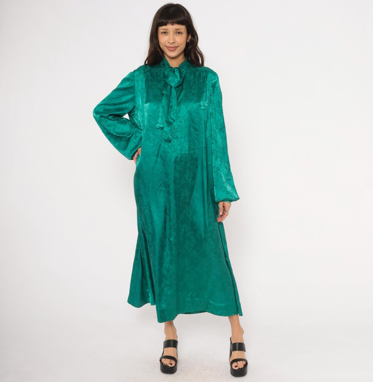 90s Teal Jacquard Maxi Dress Pussy Bow Balloon Sleeve Damask Emerald Extra Large