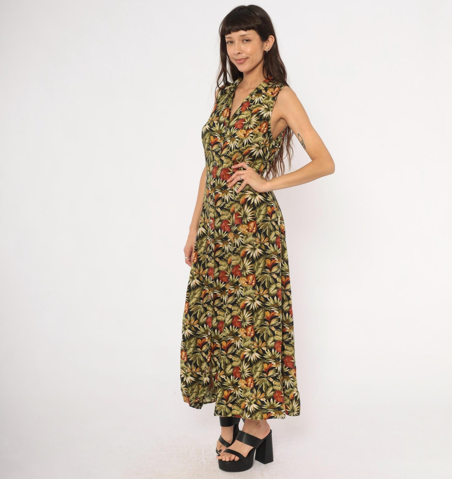 90s Teddi Tropical Leaf Maxi Dress Sleeveless Olive Green Medium M