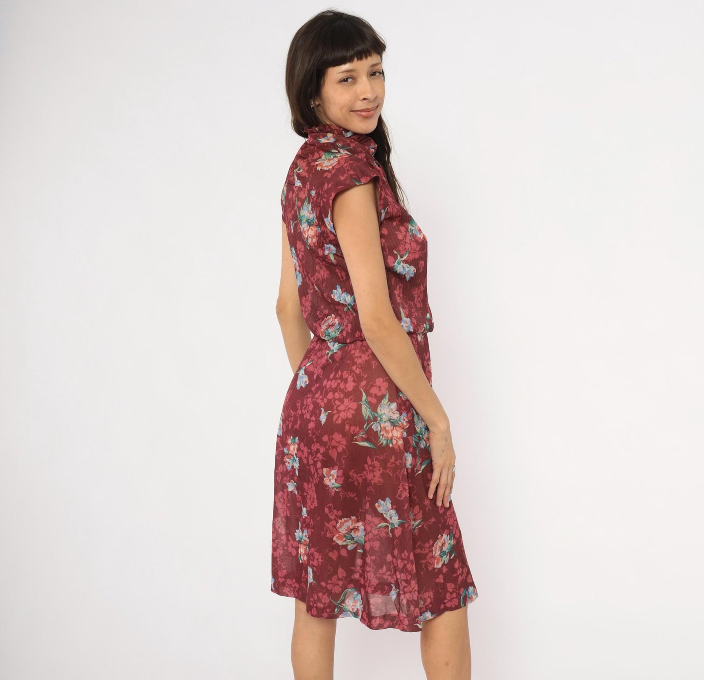 70s Queen's Row Burgundy Floral Midi Dress Cap Sleeve Tie Neck Medium Large