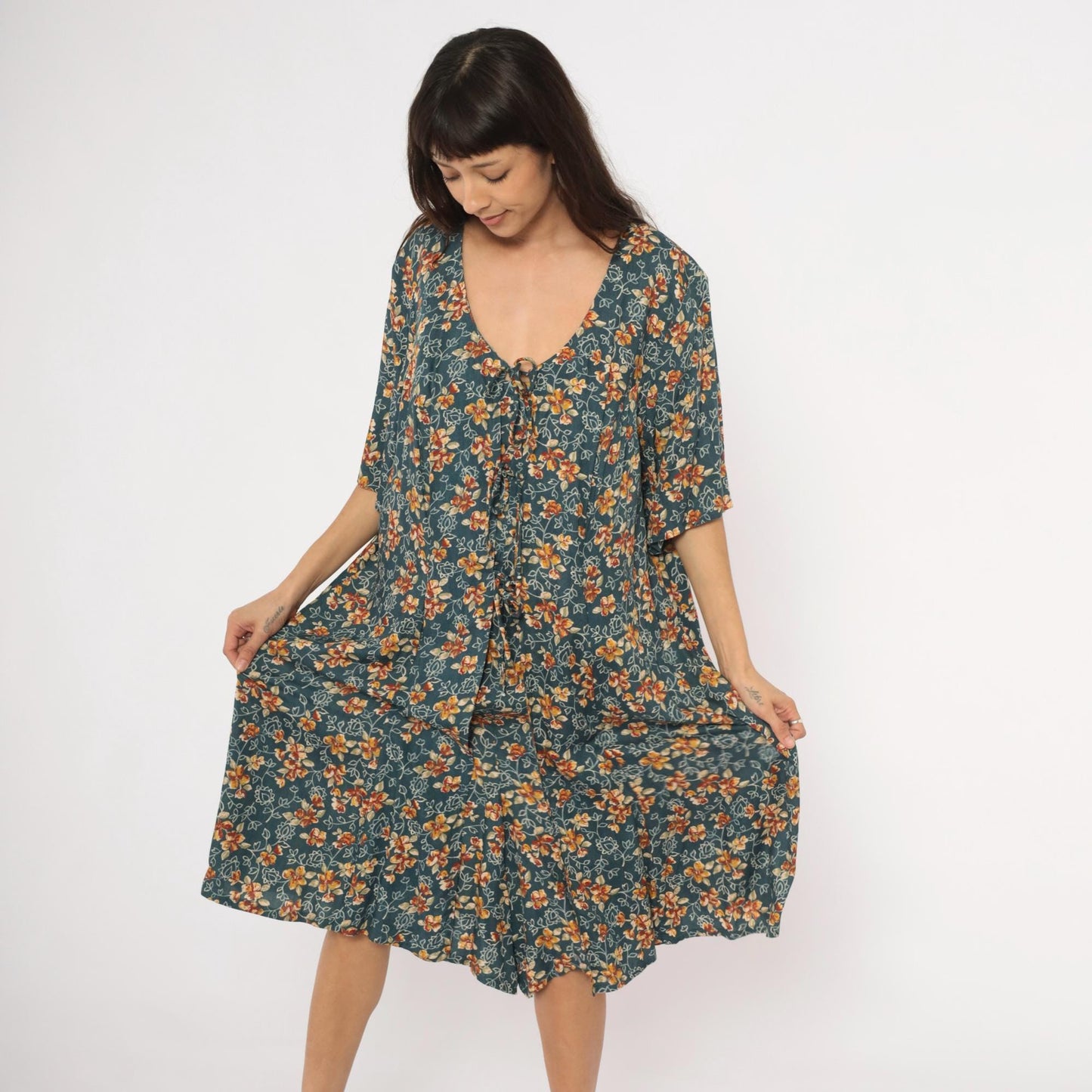 90s The Avenue Floral Midi Dress Teal Orange Flutter Sleeve Tie Front XXL