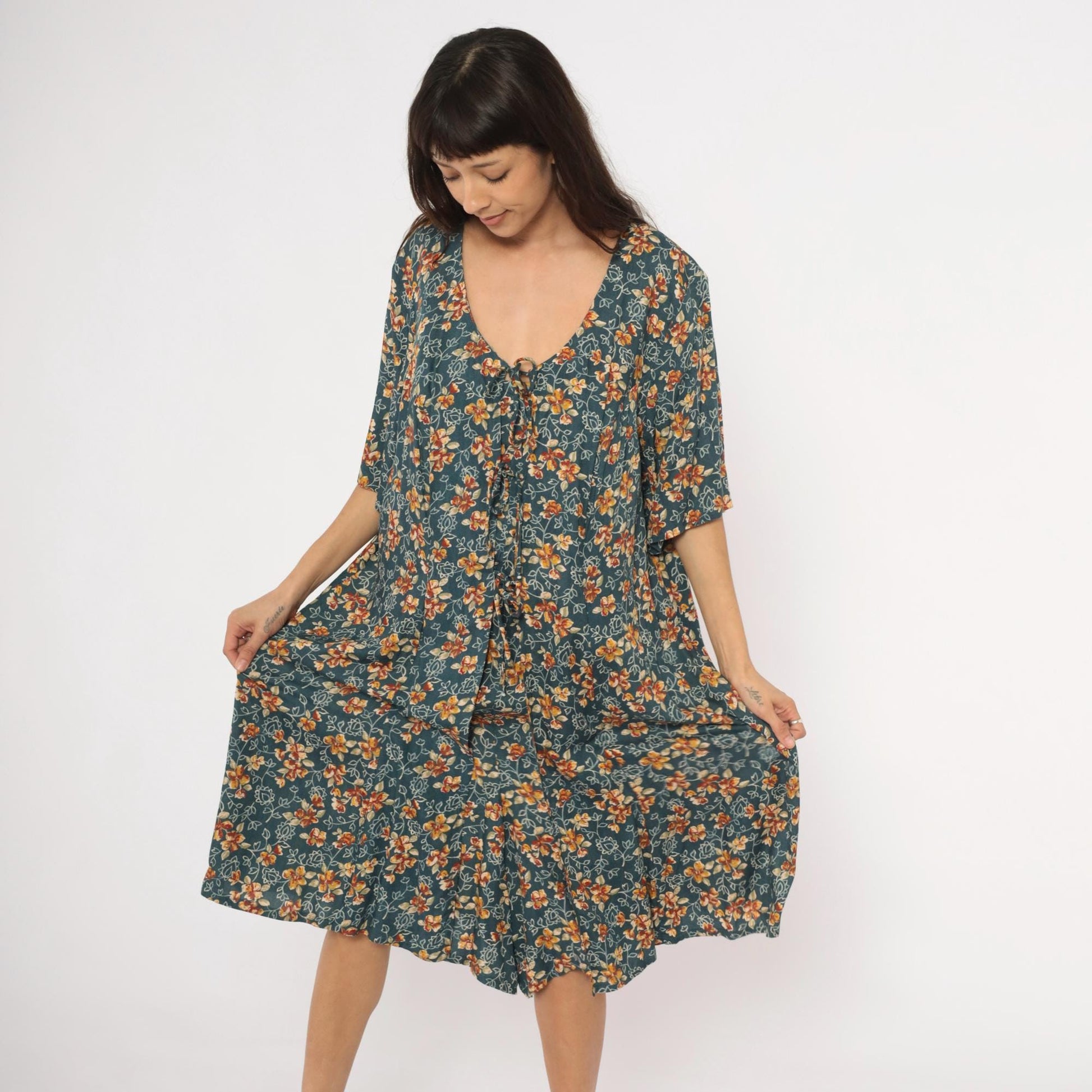 90s The Avenue Floral Midi Dress Teal Orange Flutter Sleeve Tie Front XXL