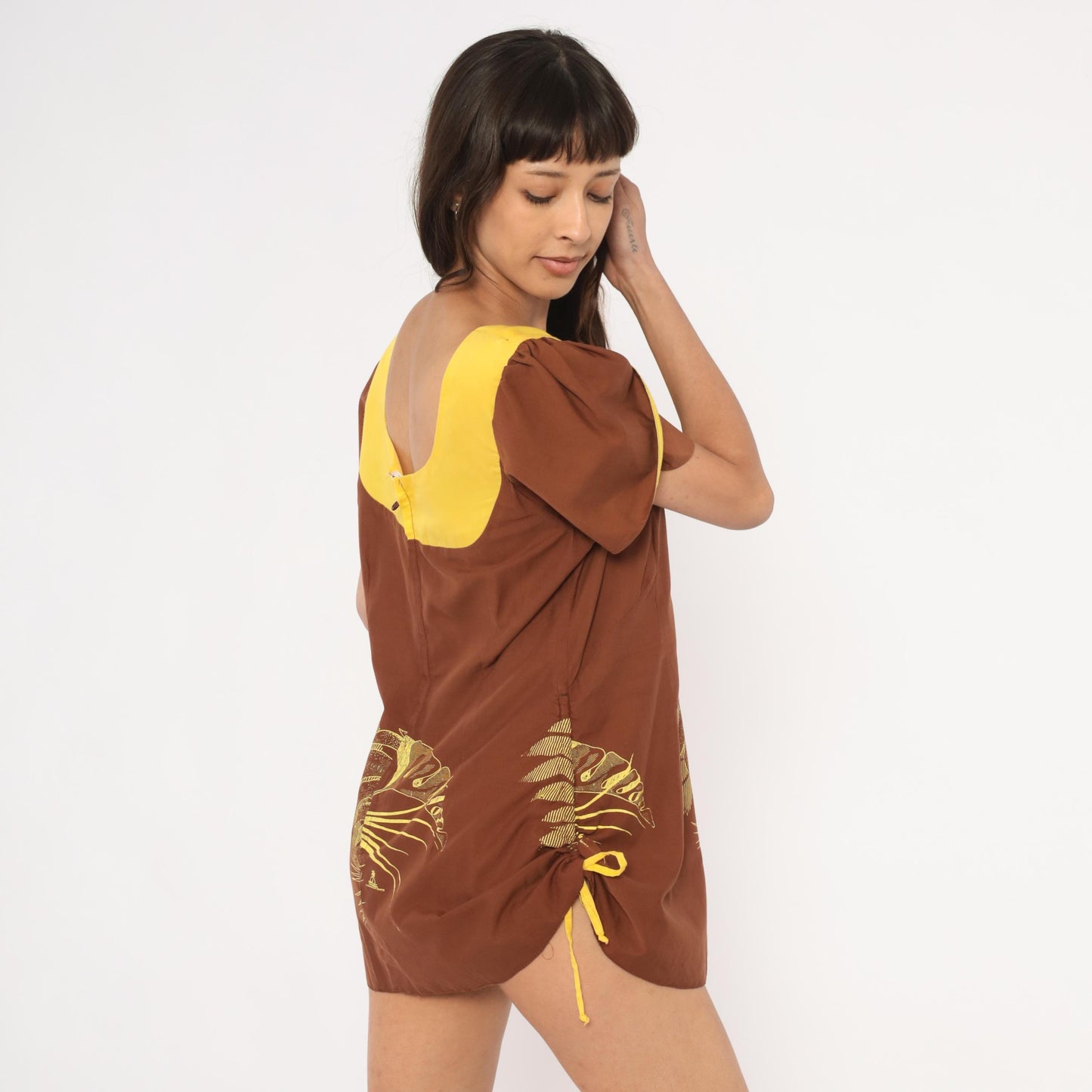 70s Tropical Monstera Puff Sleeve Mini Dress Brown Gold Small S