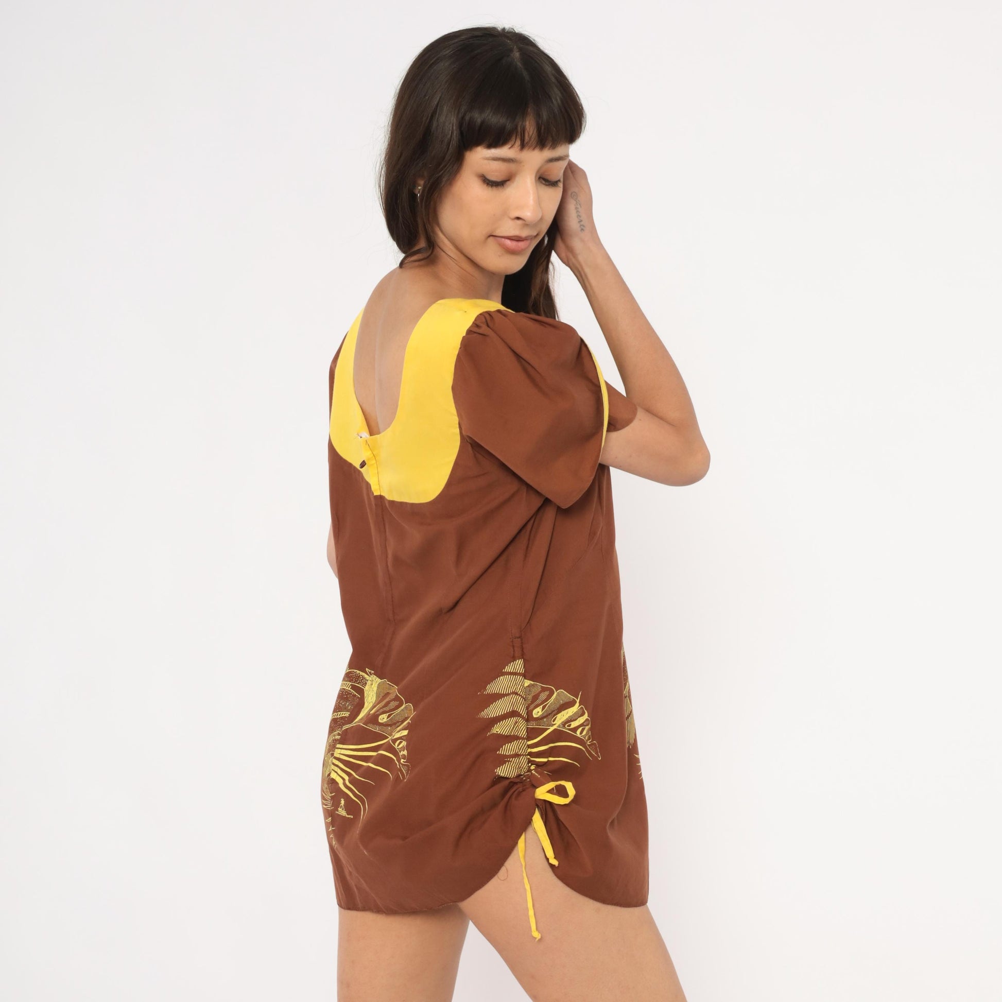 70s Tropical Monstera Puff Sleeve Mini Dress Brown Gold Small S
