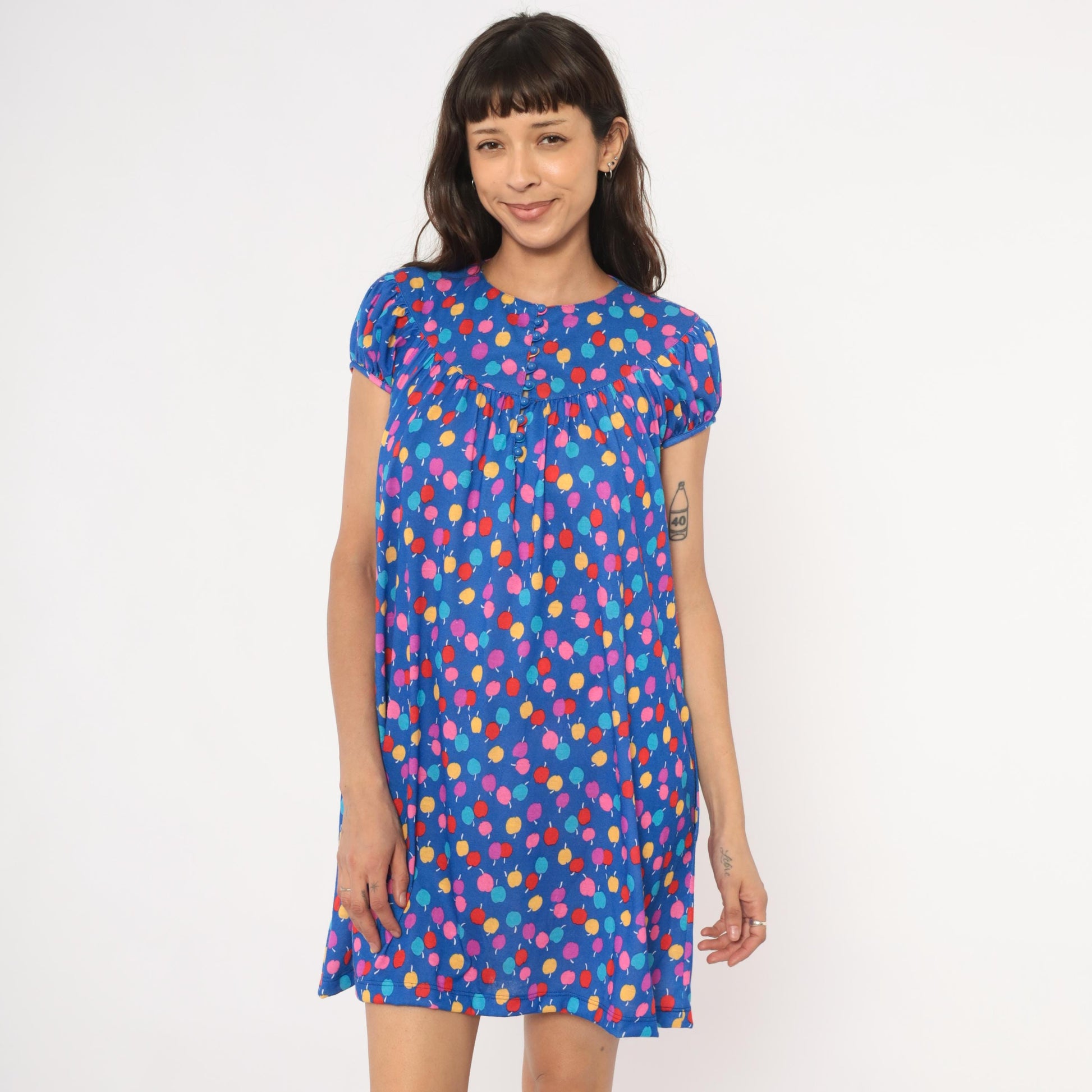 80s Lanz Originals Apple Print Babydoll Dress Blue Puff Sleeve Mini Small S