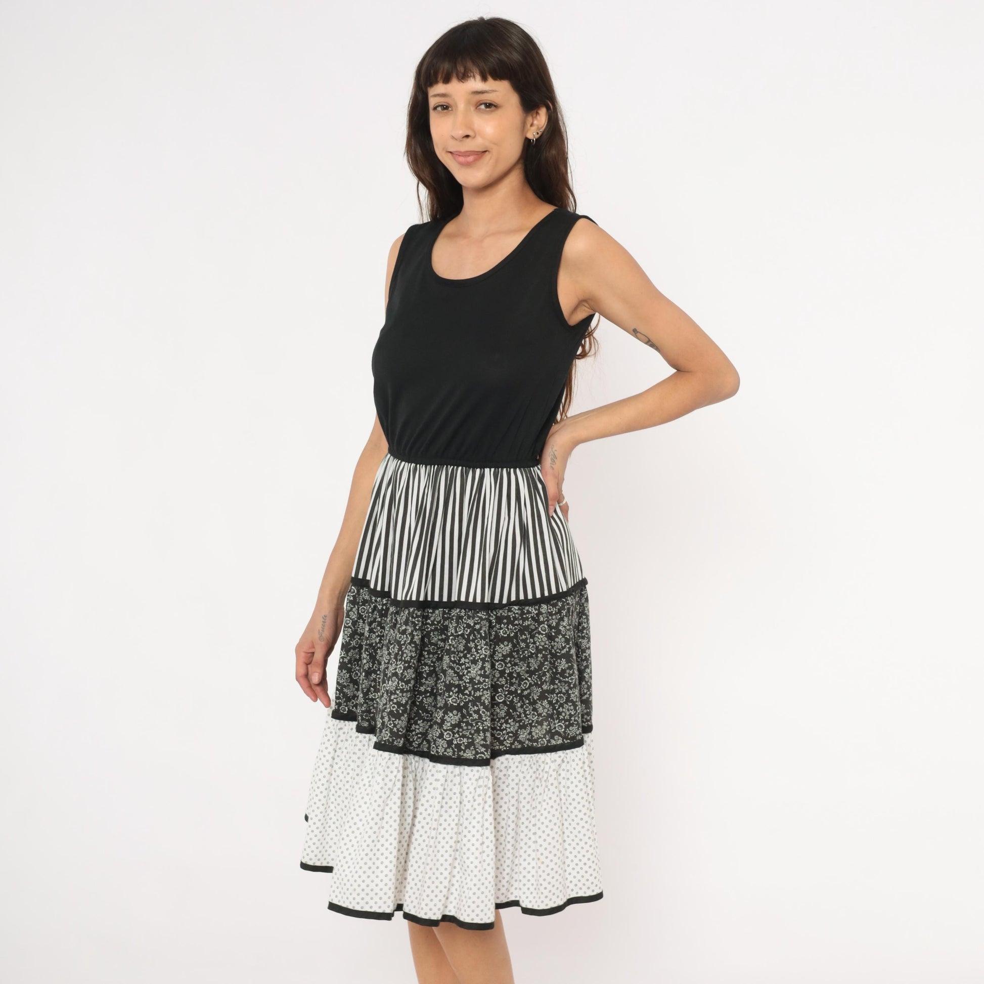 80s Mixed Print Tiered Sundress Black White Floral Striped Polka Dot Medium
