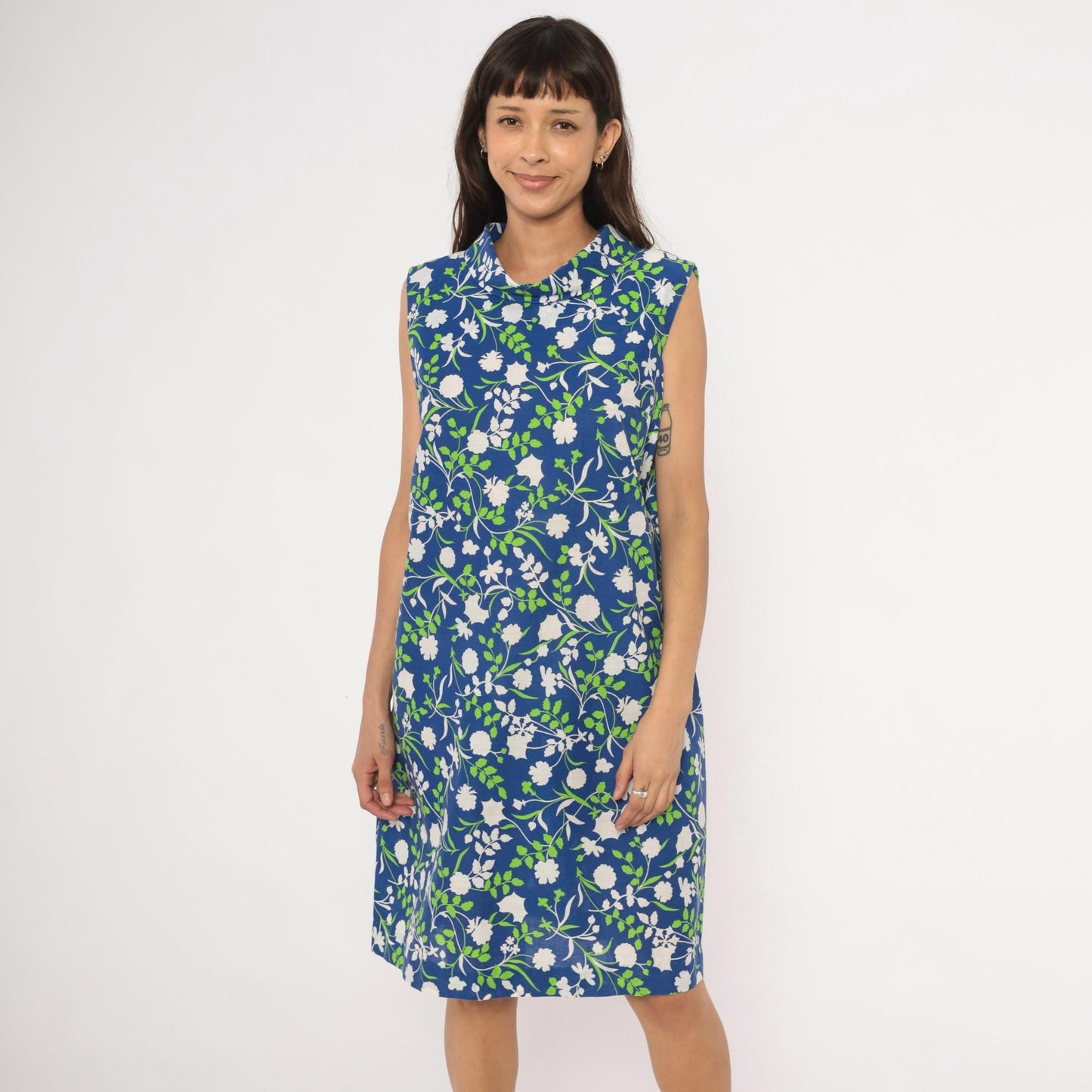 80s Mr. B California Blue Floral Shift Dress Cowl Neck Knee-Length Medium