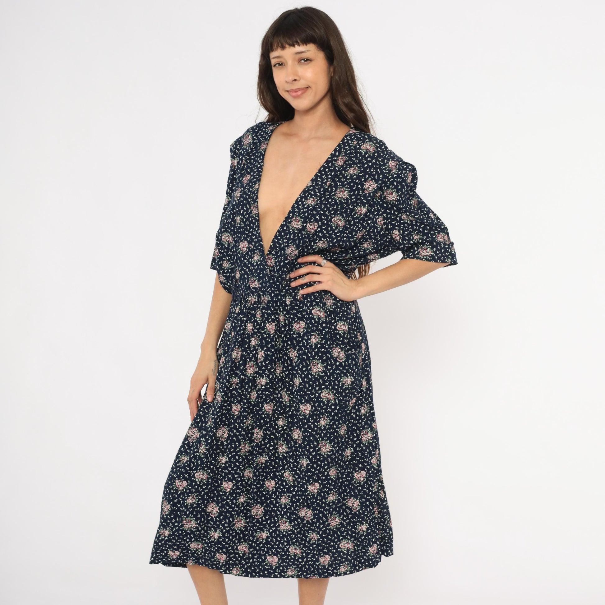 90s Navy Floral Midi Dress Pink Rose Print Deep V Neck Short Sleeve XL