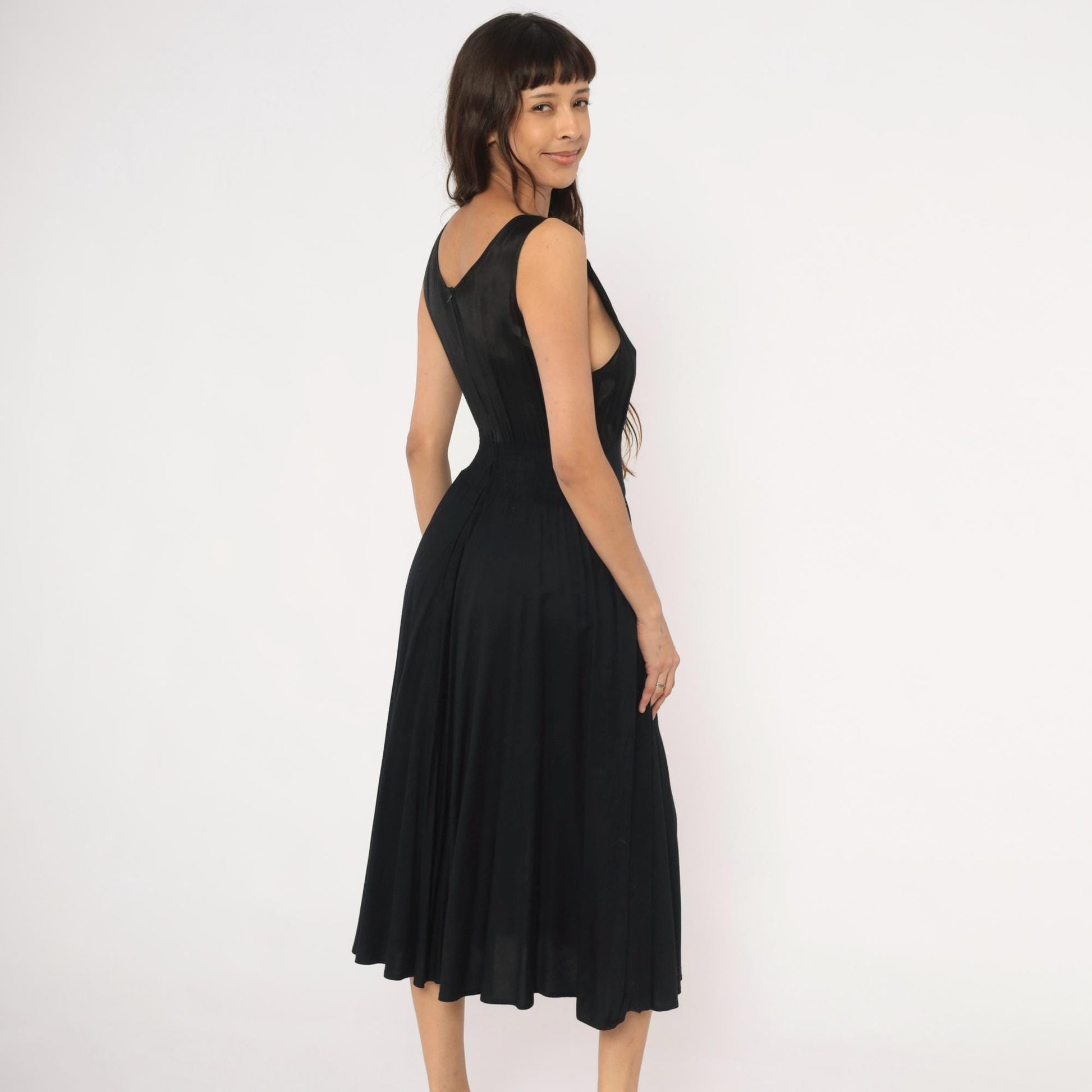 90s Black Satin Bodice Midi Dress Sleeveless Scoop Neck Flared Skirt Small
