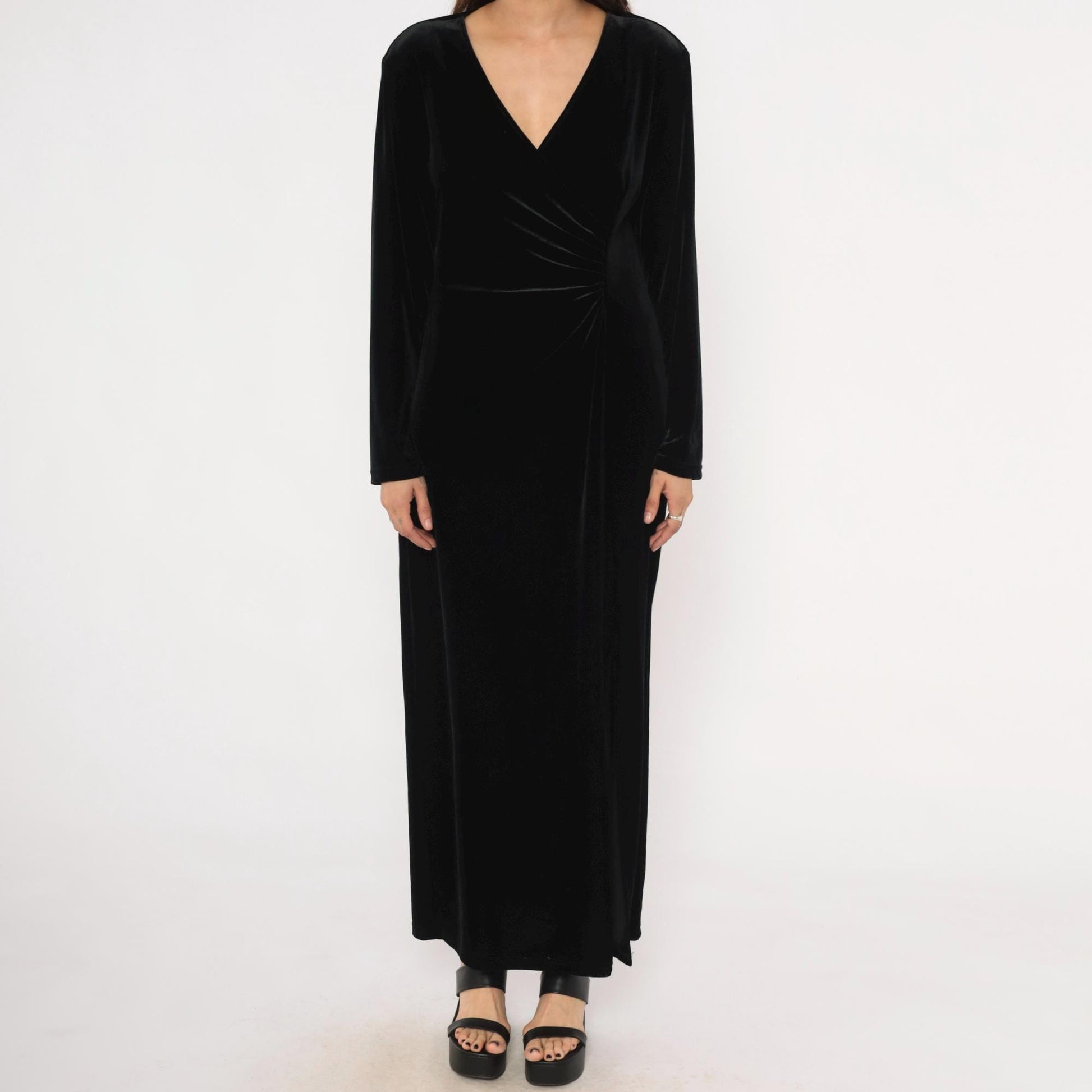 90s Robbie Bee Black Velvet Maxi Dress Surplice Neckline Long Sleeve Large L