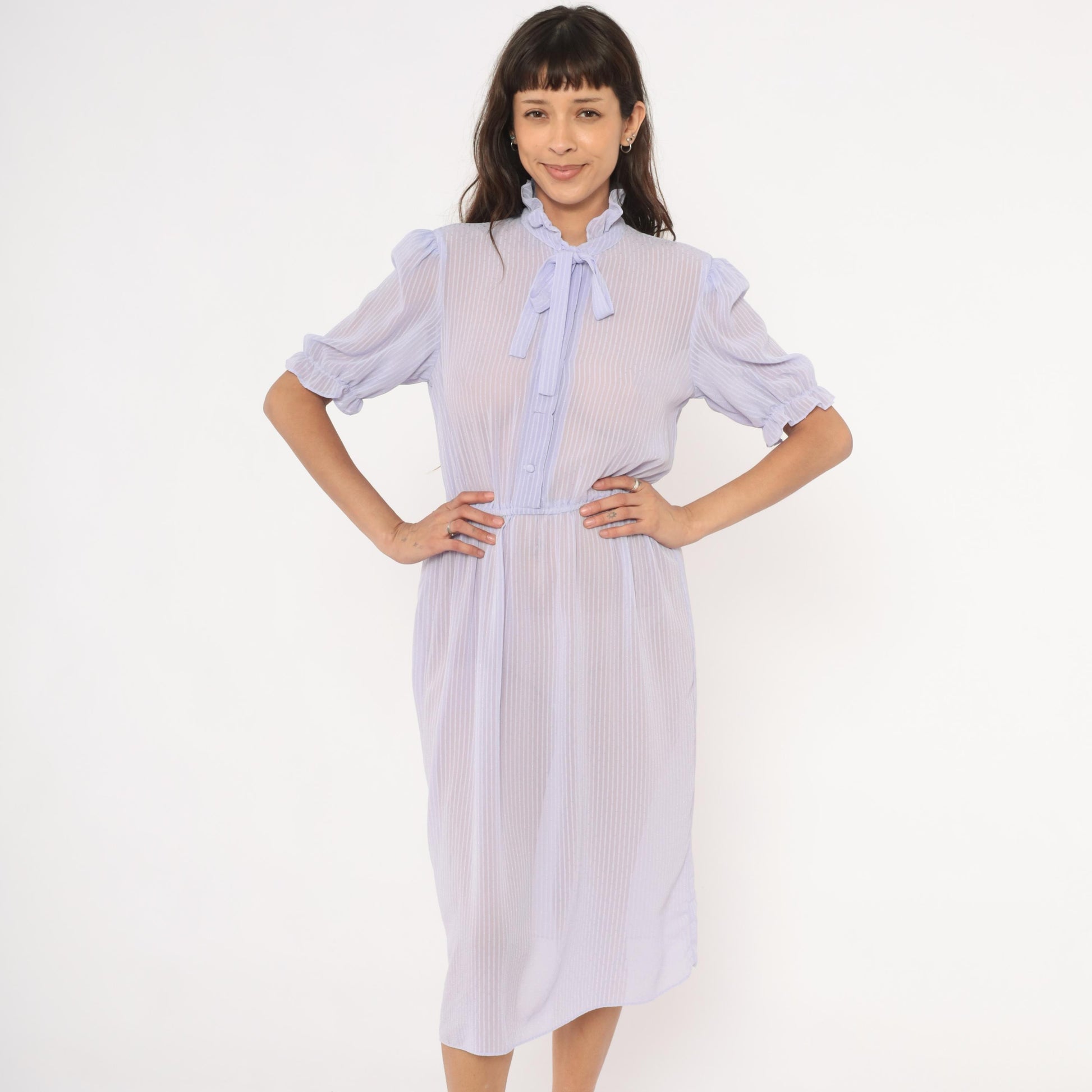 80s Lavender Sheer Stripe Dress Puff Sleeve Bow Tie Ruffle Collar Small