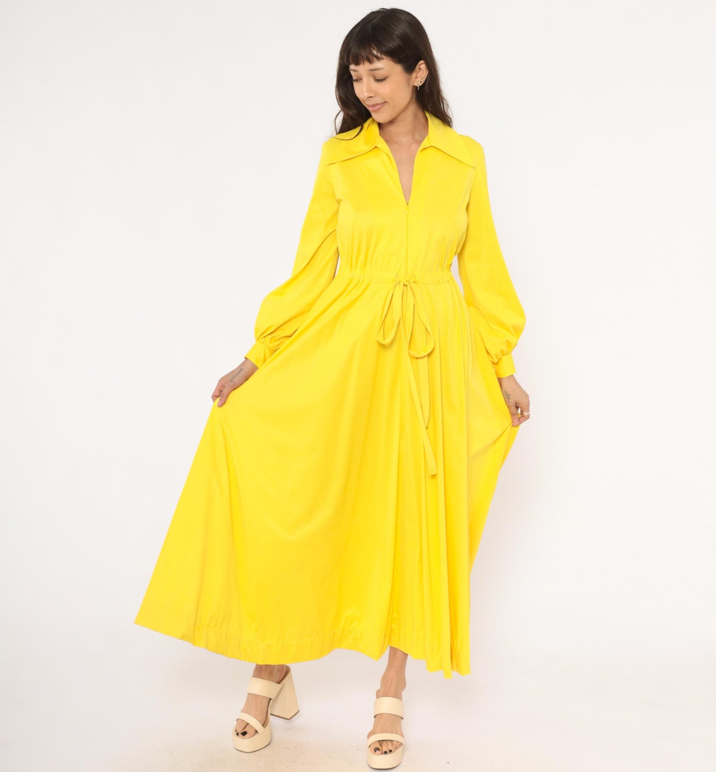 70s Vanity Fair Yellow Maxi Dress Balloon Sleeve Zip Front Gathered Skirt Medium